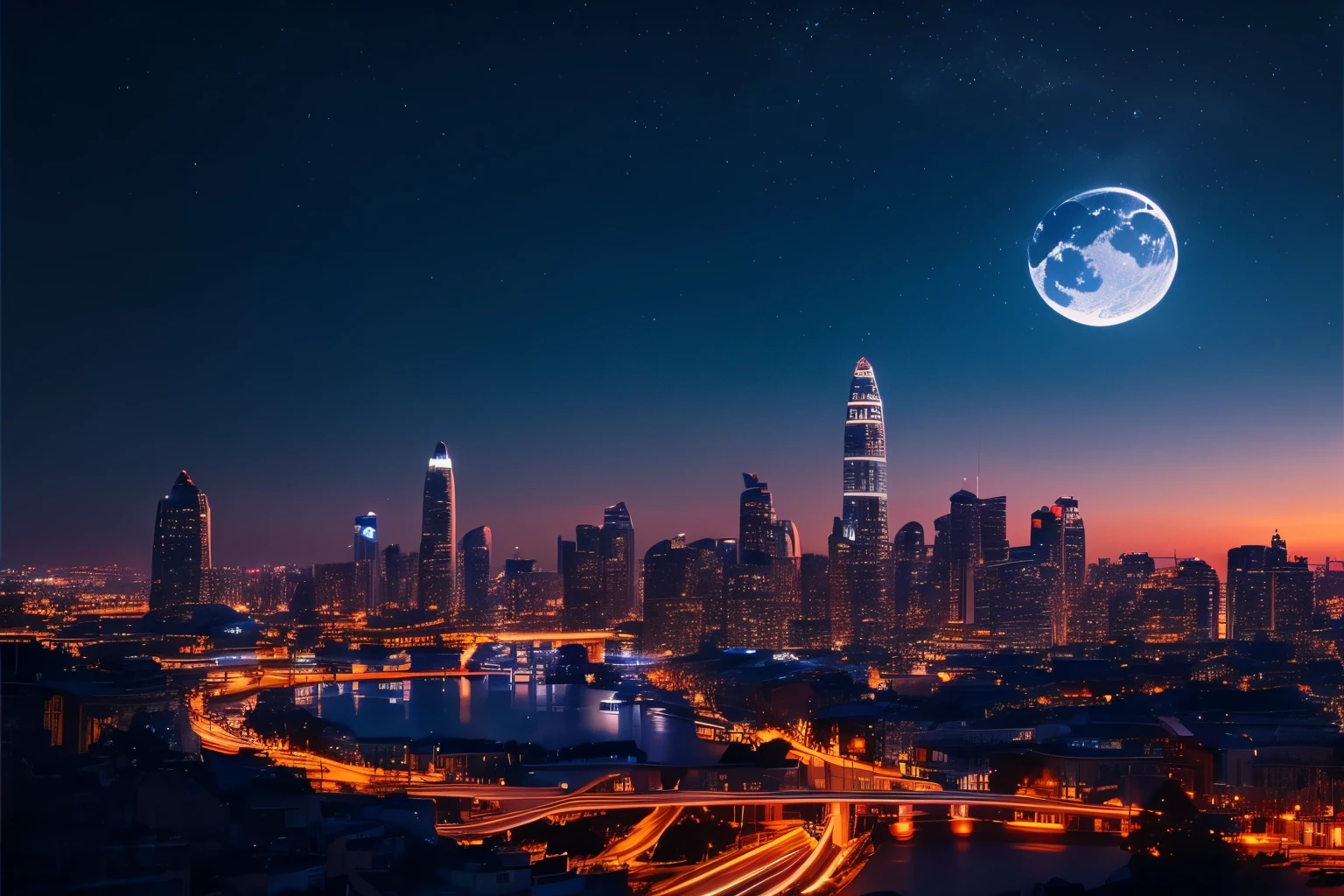 night view, beautiful city, high detailed, high quality building, professional lighting, beautiful sky, twilight, masterpiece, 8k quality,