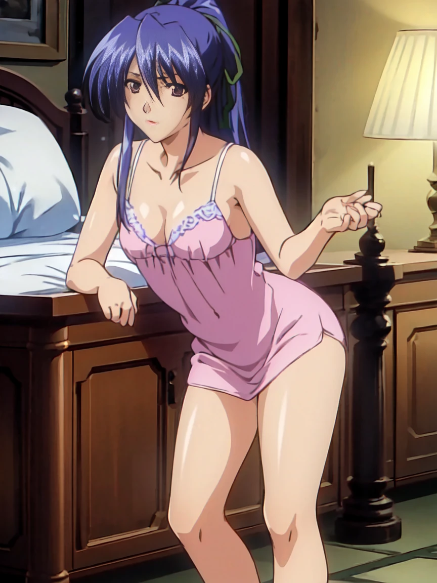 (Best Quality,hight resolution,masutepiece:1.2),Ultra-detailed,(Realistic,Photorealsiticです,Photorealsitic:1.37),Game CG,1girl in, 16yo girl, Blue hair, (half up:1.1), (small tits:1.3), (Purple Nightgown、Transparent), Eyes and faces with detailed, I'm blushing, cool expression, Soft lighting, Full-body angle, Western-style room、bet、Sleeping、Thighs