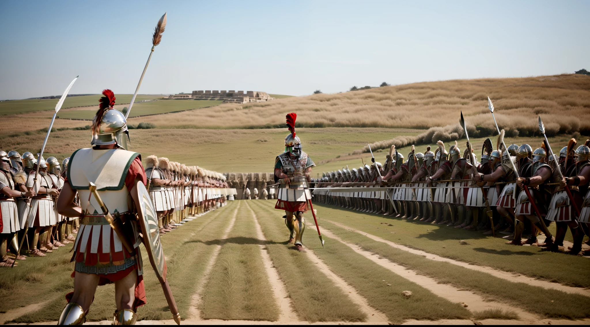 photography of a men wearing feathered helmet and shields and spears in a field, leading spartans into battle, ancient battlefield, trojan war, background of invading army, distant battle of cannae 216 bce, invading army background, sneering roman legioneer, fall of rome, spartan, 4 0 0 , 3rd century , roman centurion, wielding a spear