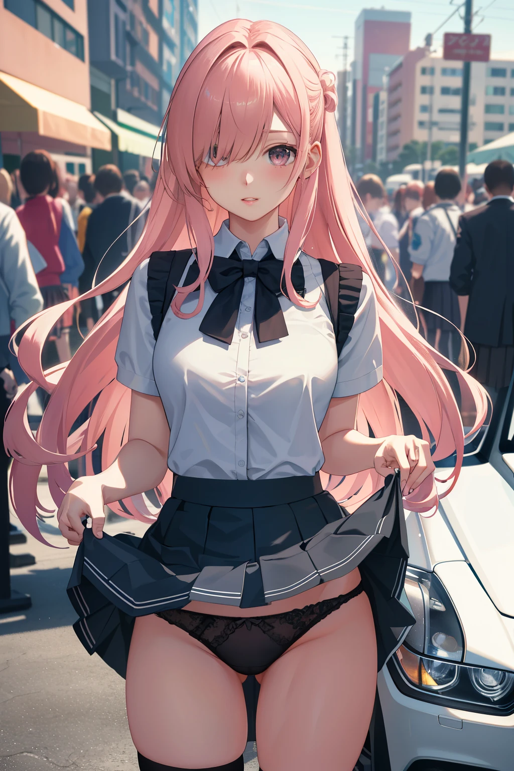 extremely detailed CG unity 8k wallpaper, best quality, ultra-detailed, masterpiece, realistic, photo realistic, extremely detailed cute girl, 20years old, (((skirt lift by myself))), (lifted by self),  panties , panties focus, blush, parted lips, looking at viewer  , half body shot  , (crowd), (crowded parking lot) , hair over one eye