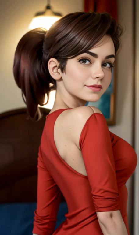 Photo of a 14 year-old american girl, .RAW, beautiful teenage girl, (Long brown hair with ponytail), light brown hair ponytail hairstyle((retrato)), ((Cara detallada:1.2)), ((Detailed facial features)), (Piel finamente detallada) , (Masutepiece) (proporciones perfectaotos realistas)(La mejor calidad) (Detallado) fotografiado con una EOS R5 de Canon, Lente de 50 mm, f/2.8, NffSW, (8k) (papel tapiz) (cinematic lighting) (Dramatic lighting) (foco nítido) (Enrevesado) senos medianos , pechos medianos , muchas pecas en mejillas y nariz , pecas en pecho, cuerpo completo , hermoso cuerpo de mujer adolesente, lindo maquillaje , gran sonrisa , mujer delgada escultural , foto de cuerpo completo , posando sexy sentada , Lynn loud , sentada , usa hermoso vestido rojo largo , fondo variado , dia nevado , foto de cuerpo completo , muestra su hermoso vestido al espectador