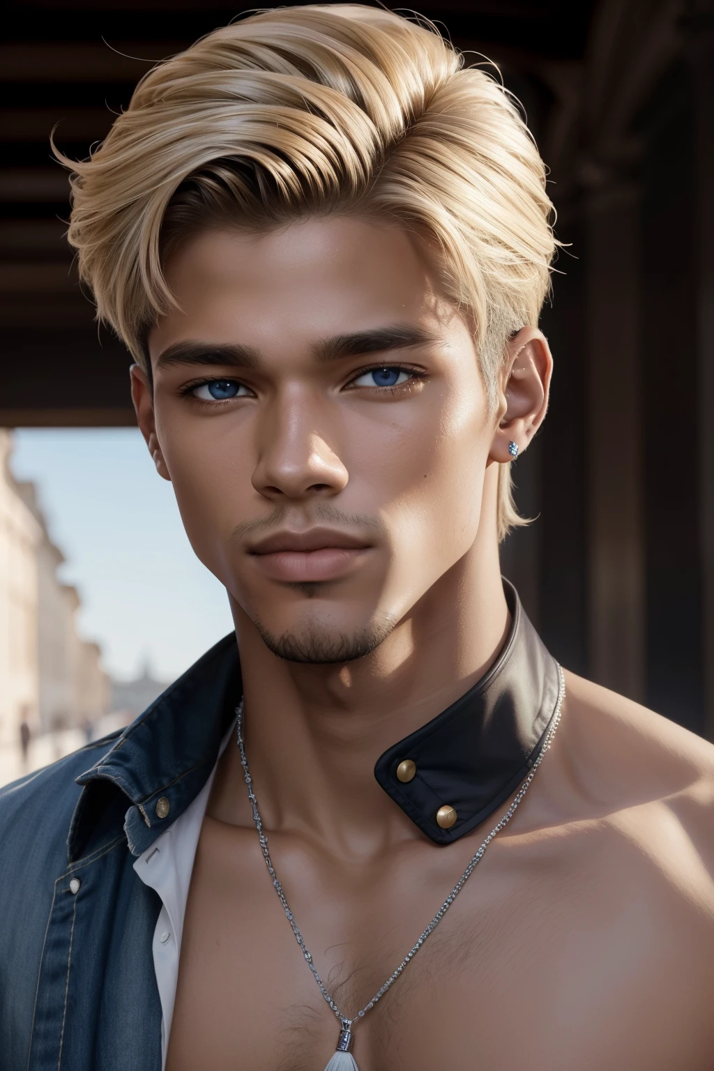 Beau jeune Métis, très beau, cheveux et blonds bouclés, 15 ans, ressemblant à Rome Flynn, yeux bleu lagon, cheveux bouclés, style Rome Flynn, cheveux blonds bouclés et courts, très beau, peau noire, sourire taquin, Très détaillé, fond blanc, jeune, svelte, pas trop musclé, mince, en chemise blanche, visage, portrait, beau jeune homme peau noire, (((cheveux bouclés courts))), CHEVEUX BOUCLÉS BLONDS