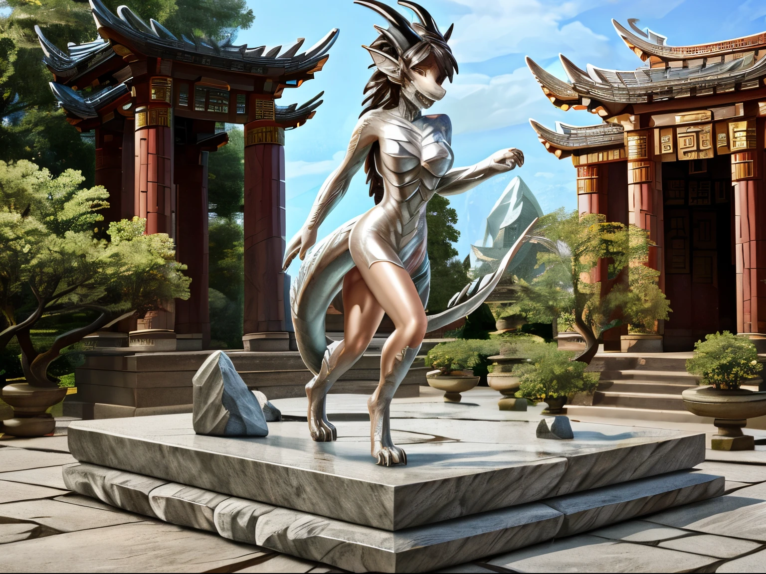 HD, photorealistic, half transformation, college girl stands on empty stone statue plinth outside of cursed eastern temple, human eastern dragon hybridization gradual petrification transformation, petrification curse, glowing magic converting flesh to stone, you panic as you morph into a Chinese dragon while your flesh turns to marble stone