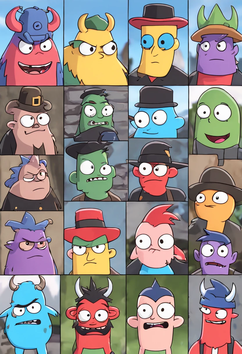 give me 24 various cartoony monsters who have similar features but just slightly different hair or piercing and clothing some have hats some don't etc.