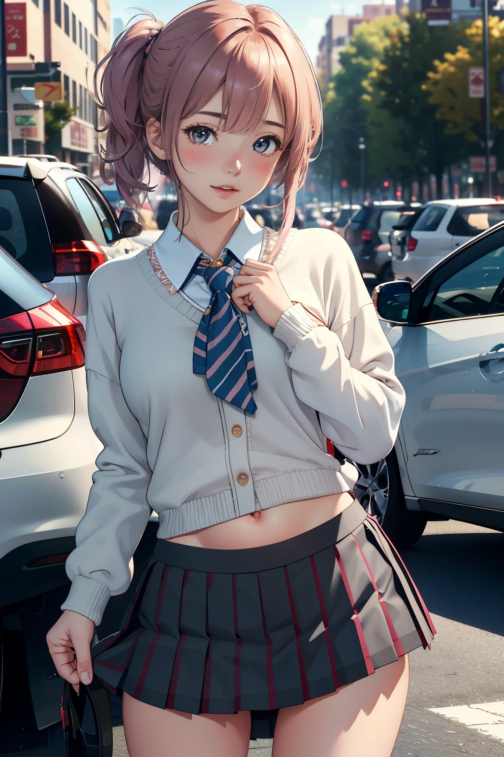 extremely detailed CG unity 8k wallpaper, best quality, ultra-detailed, masterpiece, realistic, photo realistic, extremely detailed cute girl, 20years old, (((skirt lift by myself))), (lifted by self), panties , panties focus, blush, parted lips, looking at viewer , half body shot , (crowd), (crowded parking lot) , hair over one eye