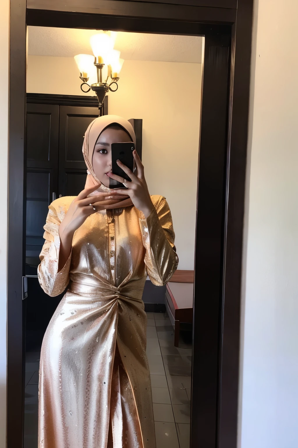 ((best quality)), ((masterpiece)), (detailed), perfect face
a young  indonesian with frull hijab dress woman wearing kebaya indonesia traditional costume, with minus lens spectacle, in the darken room taking a selfie in front of a mirror with "iphone 15" with blitz light phone, a picture by Lü Ji, instagram contest winner, aestheticism, aesthetic, feminine, clean with dusty and water spore in the mirror