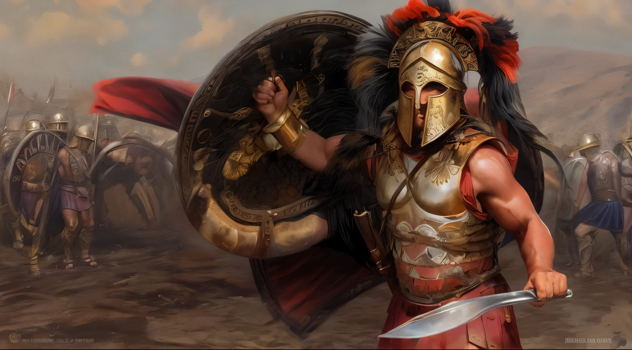 there is a man wearing linothorax armor and feathered helmet and greaves and sandals, standing on a hill, dry, summer, mediterranean landscape, holding shield, holding sword standing in front of a group of men, spartan warrior, dressed in spartan armour, spartan armor, spartan, spartan rage, ancient warrior, greek myth digital photography, ares with heavy armor and sword, ancient soldier, smiling spartan, leading spartans into battle, greek armor, portrait of greek god ares, alexander the great, ares