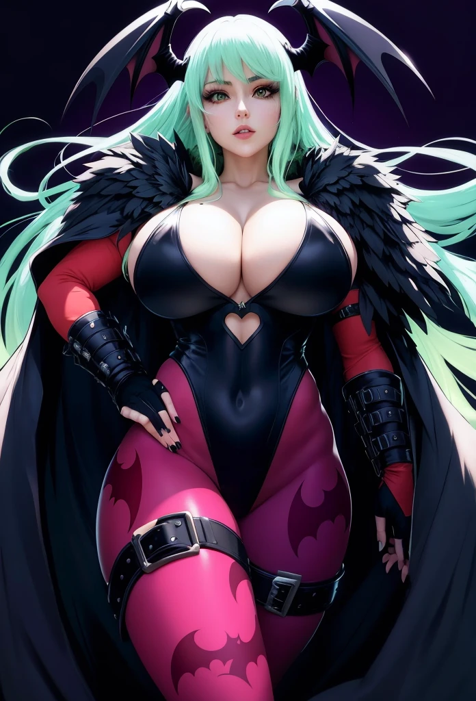 anime - style illustration of a woman with green hair and black wings, Morrigan, Morrigan aensland, Badass Anime 8K, Villainess has black angel wings, escamas que cubren su pecho, V de Devil May Cry As an Elf, con capa, commission for high resolution, Beautiful succubus, Anigirl Batman, Rogue anime girl, pixiv 3dcg