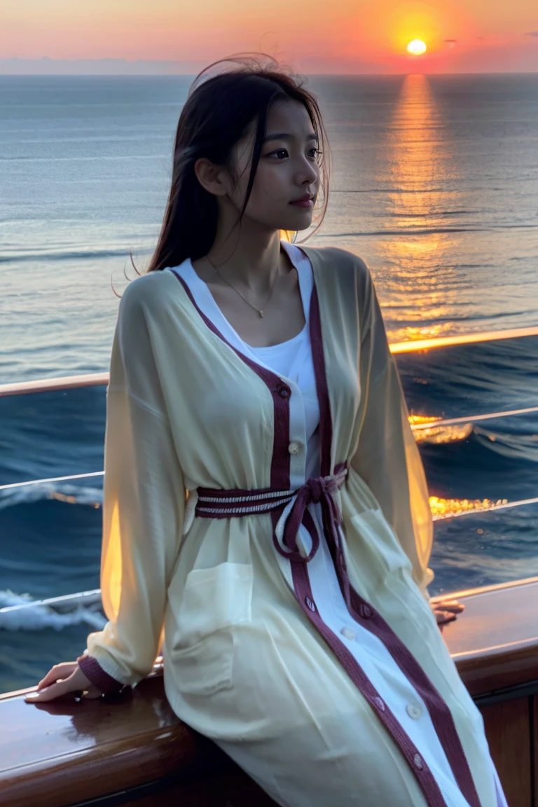 Beautiful girl wearing a summer dress、thin summer cardigan、10yaers old、japanes、Gazing at the sea at sunset from the ship's deck、No bulge in the chest、Wheat-colored The skin、heavy wind、A dark-haired、Luxury liner、少し日焼けしたThe skin、Black、the setting sun、