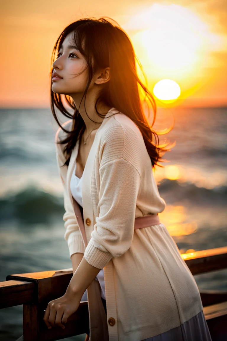 Beautiful girl wearing a summer dress、thin summer cardigan、ers old、japanes、Gazing at the sea at sunset from the ship&#39;s deck、No bulge in the chest、Wheat-colored　The skin、heavy wind、A dark-haired、Luxury liner、少し日焼けしたThe skin、Black、the setting sun、