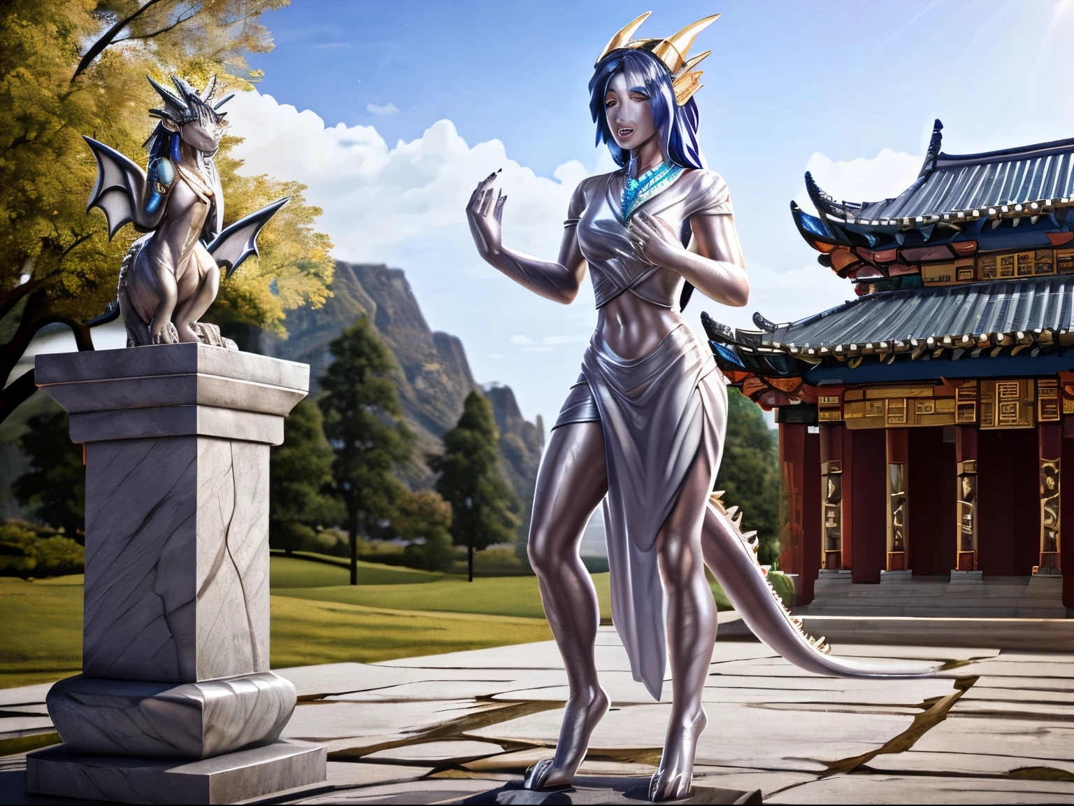 HD, photorealistic, half transformation, college girl stands on empty stone statue plinth outside of cursed eastern temple, human eastern dragon statue hybridization, partial petrification transformation, petrification curse, glowing magic converting flesh to stone, you panic as you morph into a Chinese dragon while your flesh turns to marble stone