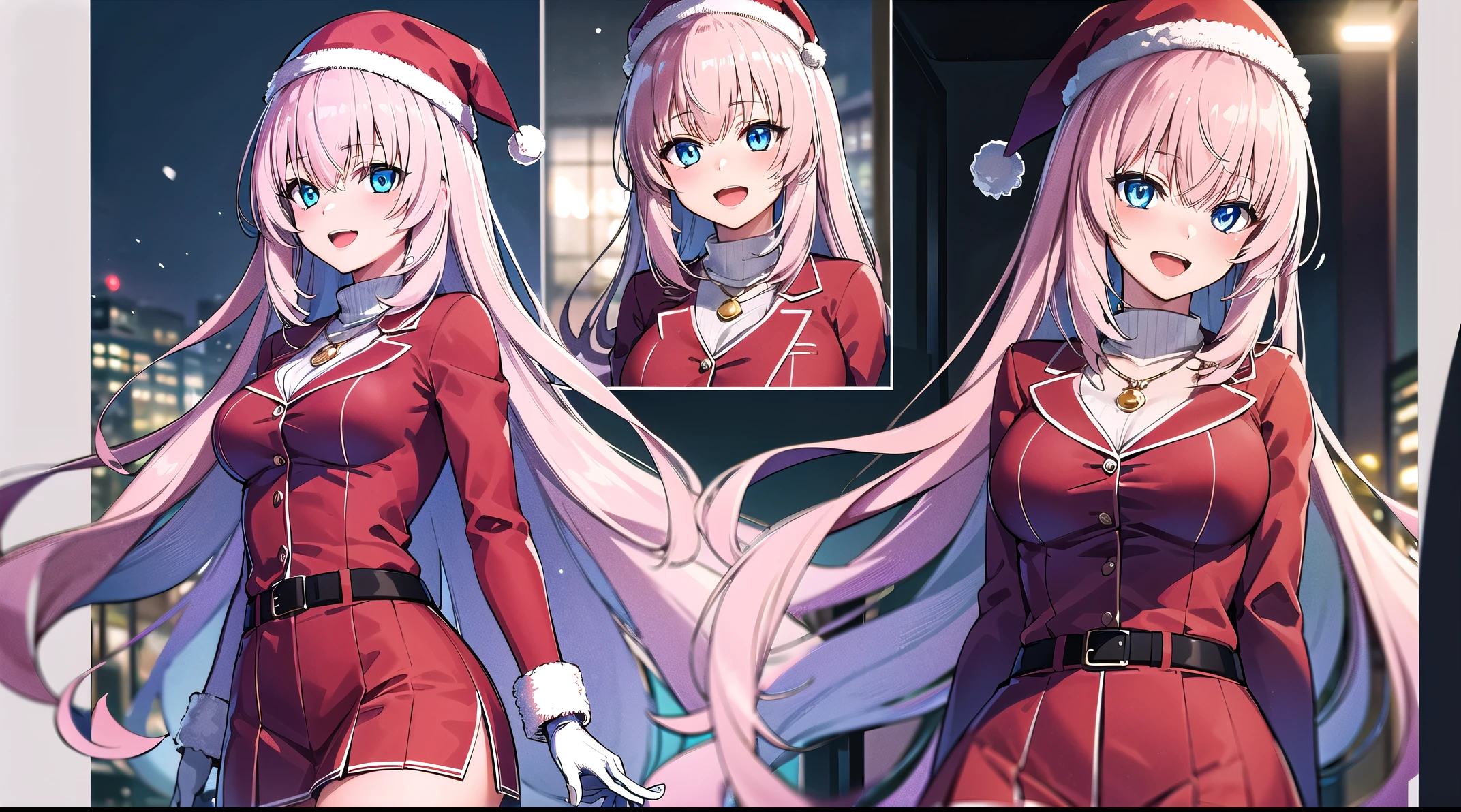 1girl, ichinose honami,laughing happy and it’s Christmas and you’ve decided to spend it outdoors, enjoying nature and the snow. a red dress with a white belt, black boots, white gloves and a Christmas hat. She also wears a necklace with a snowflake-shaped pendant. She looks very pretty and elegant, and has a radiant smile on her face. Her light pink hair  that shines under the sunlight. Her bright blue eyes have small eyelashes that give her a sweet and expressive look that reflect the sunlight, shot with Sony Alpha o9 II and Sony FE 200-600mm f/5.6-6.3 G OSS lens, 8k anime Photography, BREAK looking at viewer, (cowboy shot:1.5), BREAK (masterpiece:1.2), best quality, high resolution, unity 8k wallpaper, (illustration:0.8), (beautiful detailed eyes:1.6), extremely detailed face, perfect lighting, extremely detailed CG, (perfect hands, perfect ???????), natural light, very detailed, open mouth,