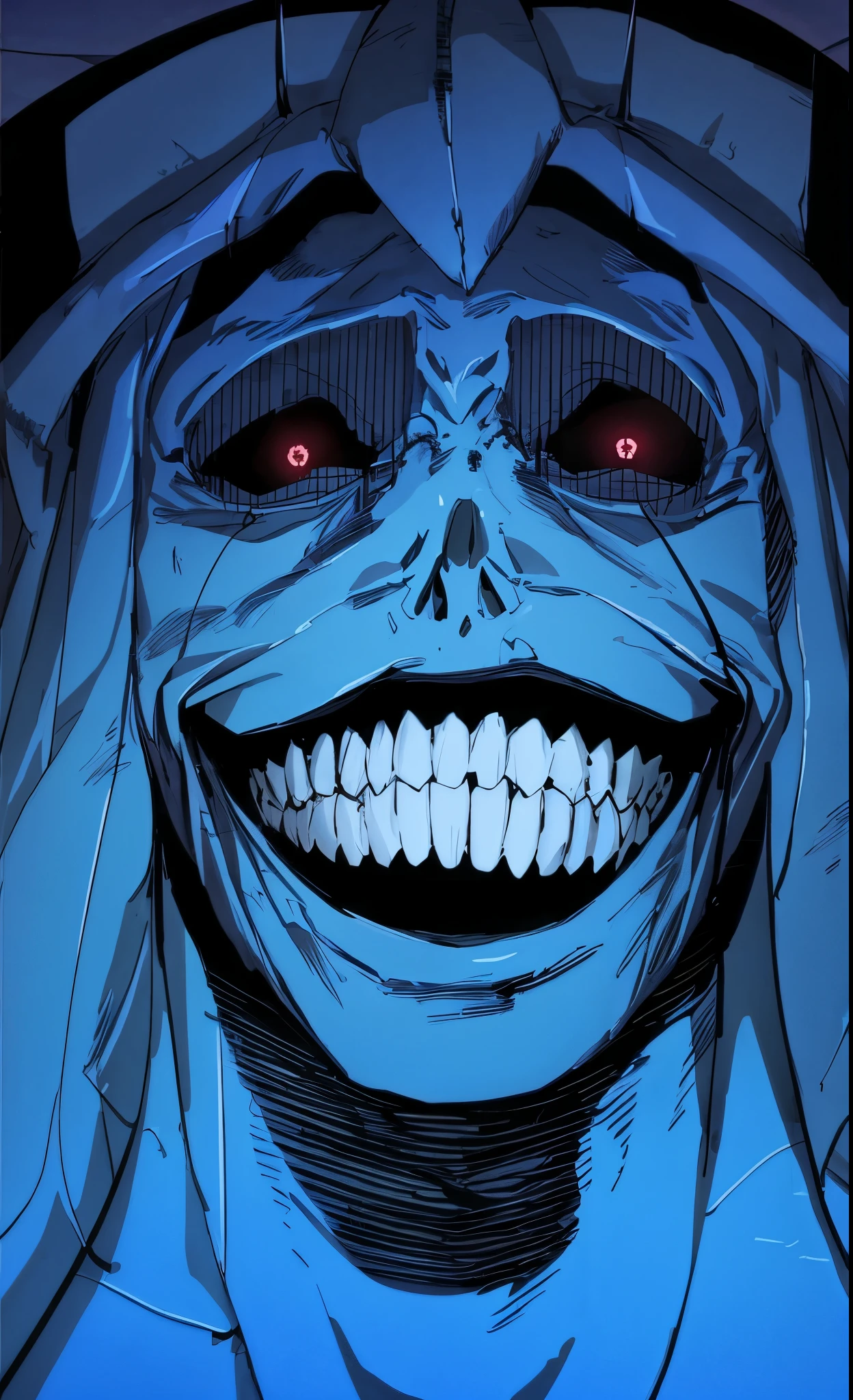 a close up of a smiling skeleton with a hood on, evil smile and glowing eyes, evil grin, horrifying grin. horror, wide evil grin, horror smile, malevolent smile, grinning sinisterly, scary smile, wicked grin, wicked smile, evil villain grin, large eyes and menacing smile, evil smile, wide grin, slasher smile