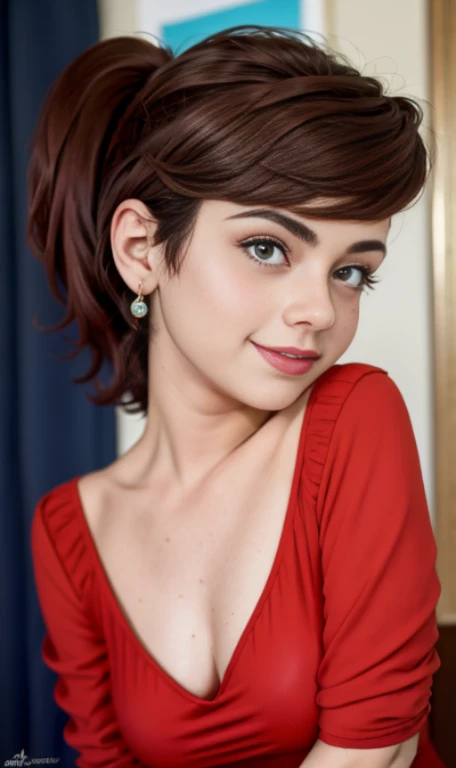 Photo of a 14 year-old american girl, .RAW, beautiful teenage girl, (Long brown hair with ponytail), light brown hair ponytail hairstyle((retrato)), ((Cara detallada:1.2)), ((Detailed facial features)), (Piel finamente detallada)  , (Masutepiece) (proporciones perfectaotos realistas)(La mejor calidad) (Detallado) fotografiado con una EOS R5 de Canon, Lente de 50 mm, f/2.8, NffSW, (8k) (papel tapiz) (cinematic lighting) (Dramatic lighting) (foco nítido) (Enrevesado) senos medianos , pechos medianos , muchas pecas en mejillas y nariz , pecas en pecho, cuerpo completo , hermoso cuerpo de mujer adolesente,  lindo maquillaje , gran sonrisa  , mujer delgada escultural , foto de cuerpo completo , posando sexy sentada , Lynn loud , sentada , usa hermoso vestido rojo de gala ,  fondo variado , dia nevado , foto de cuerpo completo , muestra su hermoso vestido al espectador , gran vestido de gala