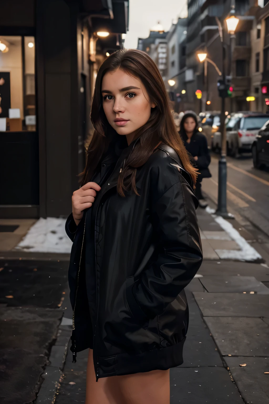 girl outside, looking extremely arrogant, winter, full body, very beautiful, brown hair, wearing black oversized jacket, realistic face, detailed eyes, freckles, looking to the side, photo made by iphone 8