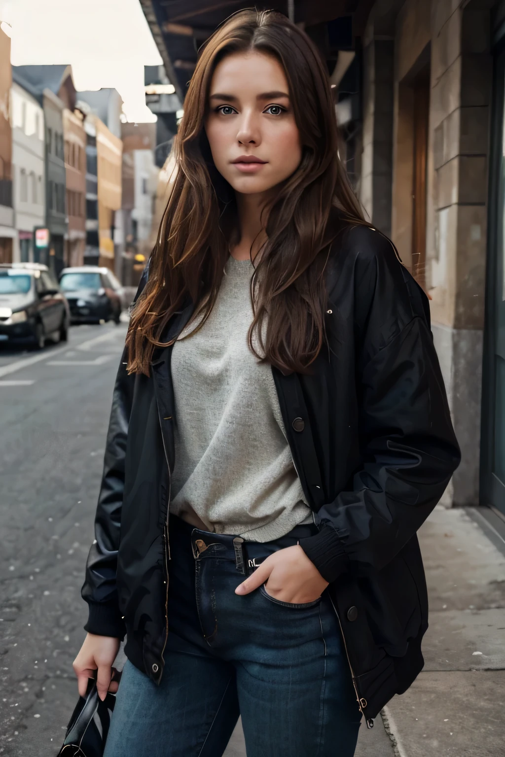 girl outside, looking cool and a bit arrogant, winter, full body, very beautiful, brown hair, wearing black oversized jacket, realistic face, detailed eyes, freckles, looking to the side, photo made by iphone 8