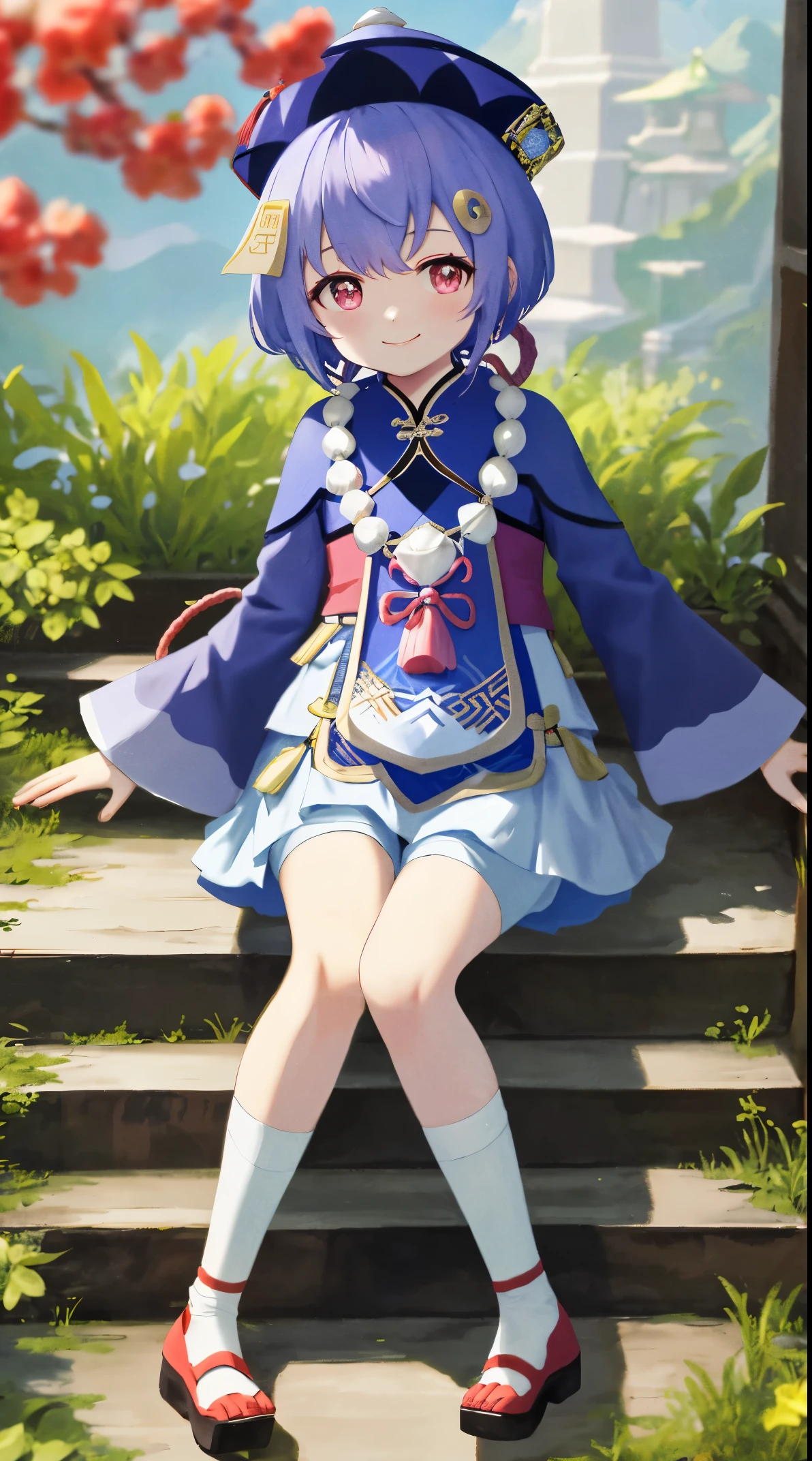 Qiqi De, full bodyesbian, sitted, ssmile, Be red in the face, Outdoor activities, daysies,  Background with, blue daysies空, short detailed hair, daysies空, temple, looking at viewert, sitted on stairs, mont, moody light,