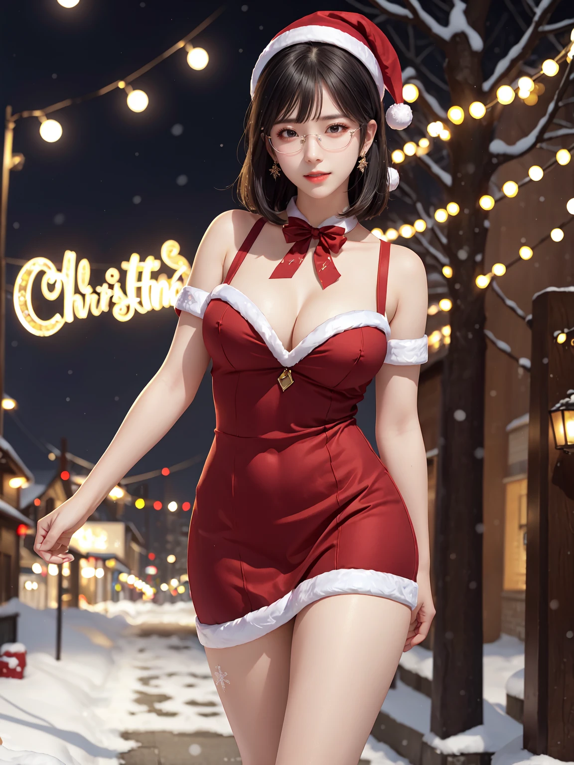 (masterpiece:1.3), live wallpaper, top-quality, Beautifully Aesthetic:1.2, ((1 girl)), solo, (red and white colors christmas uniform, shirt, long skirt), (black brown Hair, Straight hair, short hair), detailed face, detailed eyes, detailed ears, detailed lips, ((eye-glasses)), (perfect body (firm breast, nicely shaped breasts, slender figure)), (arms behind back), (Upper body shot:1.1), (From front:1.3), (Looking at viewer, smiling), (elegant stylish contraposto pose:1.2), (walking on the modern street at Christmas night with snow:1.3), christmas night, christmas tree, christmas gifts, snow, ((At the middle of christmas celebration decorated for christmas :1.2)), intricate background, ultra realistic background