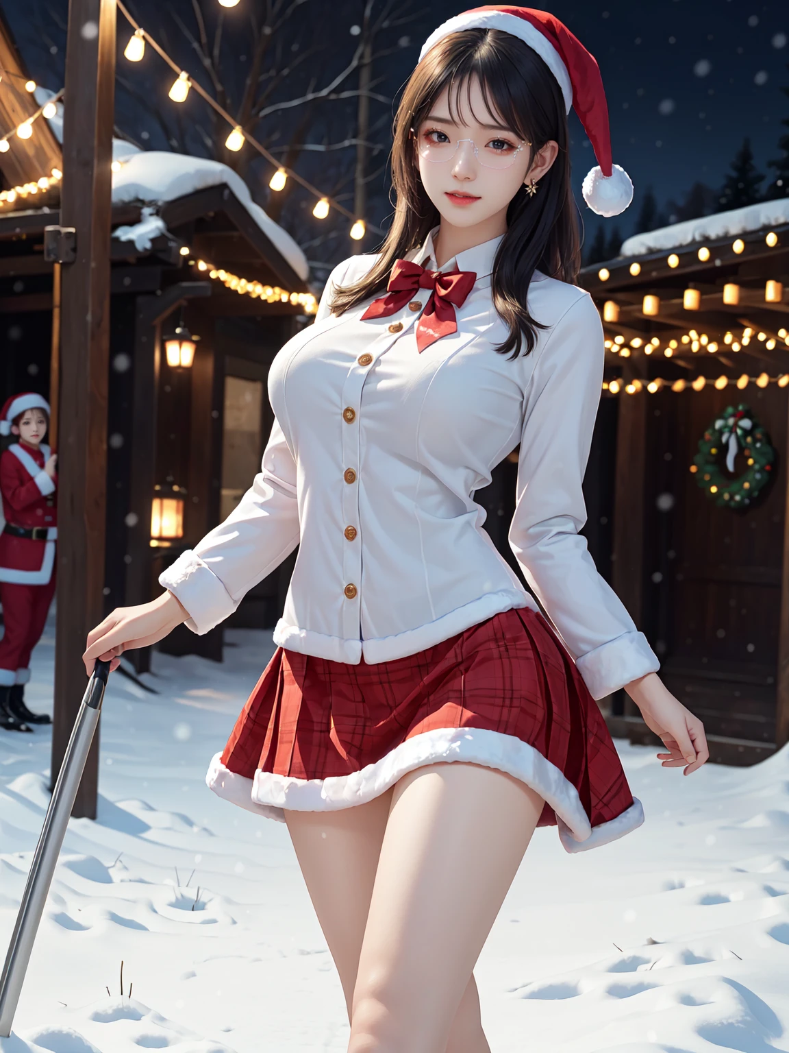 (masterpiece:1.3), live wallpaper, top-quality, Beautifully Aesthetic:1.2, ((1 girl)), solo, (red and white colors christmas uniform, shirt, long skirt), (black brown Hair, Straight hair, short hair), detailed face, detailed eyes, detailed ears, detailed lips, ((eye-glasses)), (perfect body (firm breast, nicely shaped breasts, slender figure)), (arms behind back), (Upper body shot:1.1), (From front:1.3), (Looking at viewer, smiling), (elegant stylish contraposto pose:1.2), (walking on the modern street at Christmas night with snow:1.3), christmas night, christmas tree, christmas gifts, snow, ((At the middle of christmas celebration decorated for christmas :1.2)), intricate background, ultra realistic background