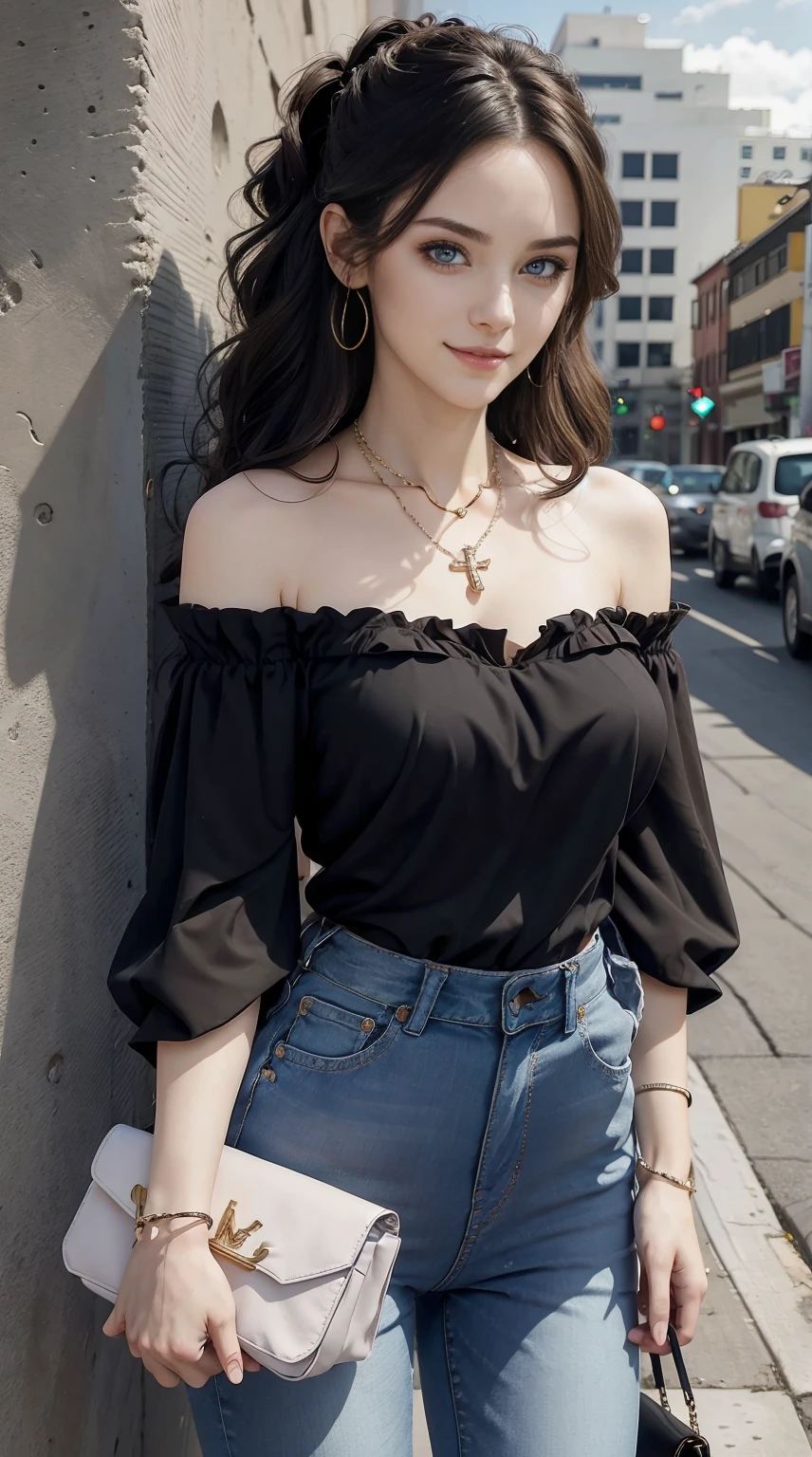 26 year old white woman、Hair is brunette、Eye color is blue、Longhaire、Slender but well-proportioned muscular body、She is wearing a frilly one-shoulder top.、wearing skinny jeans、wearing a rosary necklace、accessories on the wrist、setting hair、a smile、I have a clutch bag、I am in front of a wall with wall art written on it.、I'm so excited、I'm pulling my hair up
