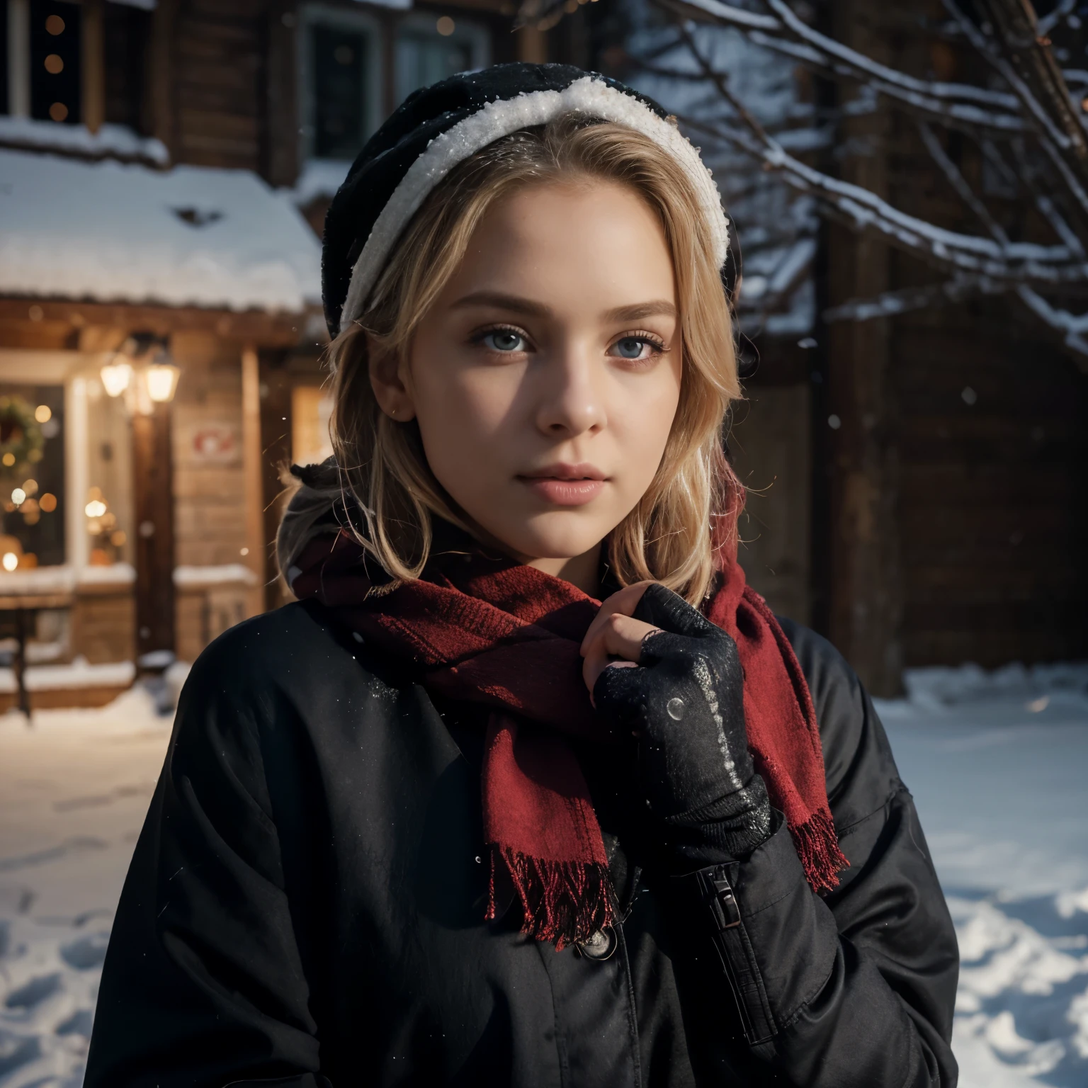 photorealistic, best quality, hyper detailed, realistic eyes, show no hands in the picture, detailed lips, blonde hair, short hair, wavy hair,  8K, cinematic lighting, beautiful woman, wearing black jacket and a red scarf in the snow, feminine posture, feminine figure, outside snow, lean figure, dreamy atmosphere, wearing a winter cap, outside snowing, wearing black gloves, posing for the camera, (outside), (evening), (relaxed), film grain, close up, ultra high res, best shadow, RAW, instagram LUT, very lean figure, soft lighting, christmassy ambiance,