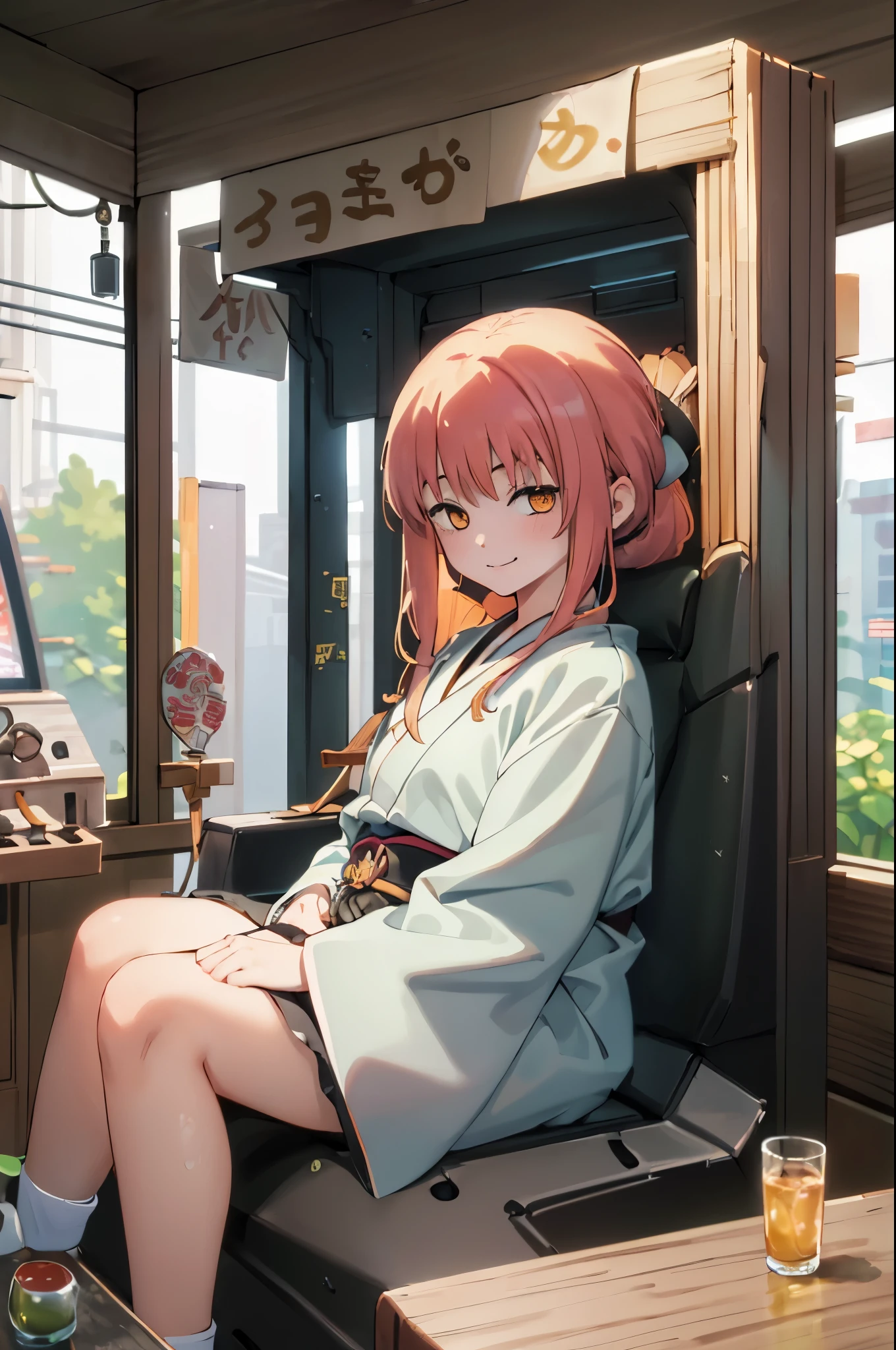 ((masterpiece)), (best quality), Makima, official art, extremely detailed CG, unity 8k wallpaper, 
 Vending Arcade Concept, (1girl:1.4), sitting, fake smile, 
chair, japanese arcade machine, gaming arcade, scenery, monitor, 
outdoors,