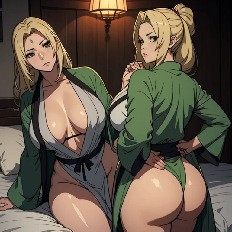 multiple thick body females lying on belly on bed with view of konoha, show back side, show back view, raised hips, tsunade robe tsunade jacket,