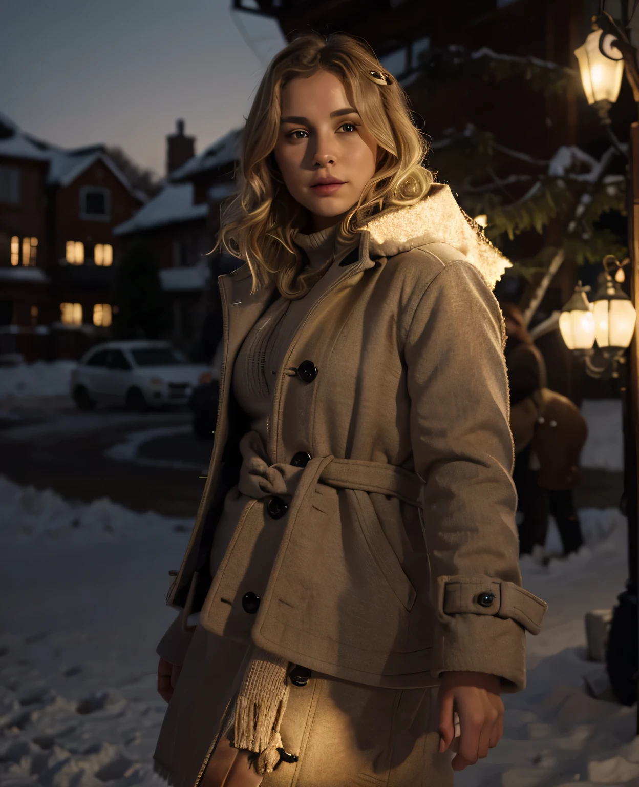 New Year's decorations, scenery artwork, garland, Nordic woman with blonde hair, short hair, wavy hair, and coat, cinematic lighting, masterpiece, photorealistic, 8k quality, bokeh