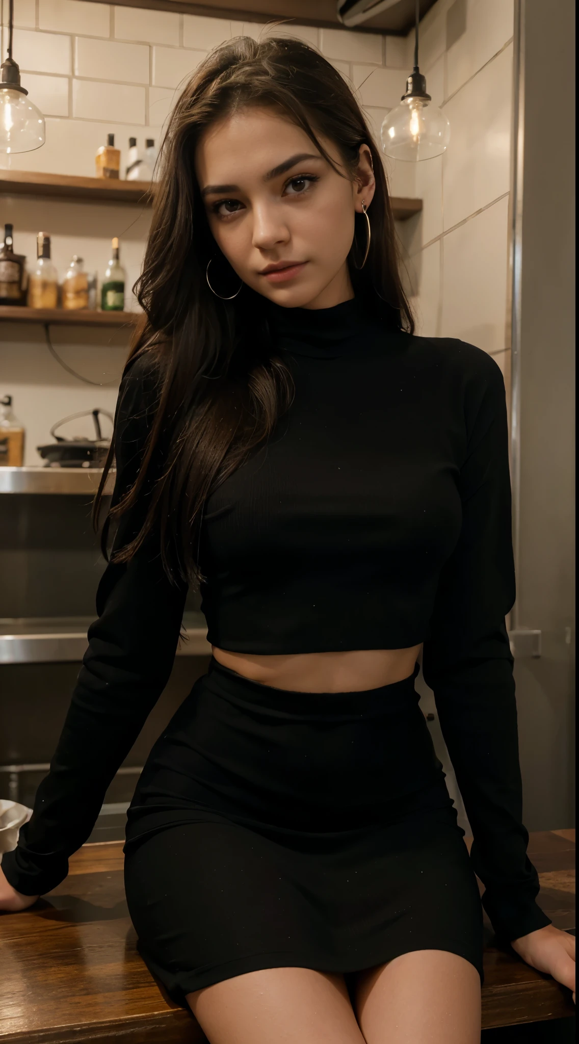 Brunette in a black turtleneck with her hair in a ponytail. black panties. full length. Portrait at a photo shoot.