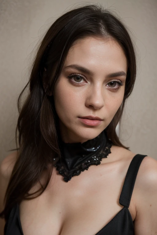 ((best quality)), ((masterpiece)), (detailed), perfect face realistic photo of beautiful woman with long dark brown hair, Russian, influencer, light freckles, dark brown eyes, big lips, no makeup, insagram, next to black wall, wearing sexy latex dress