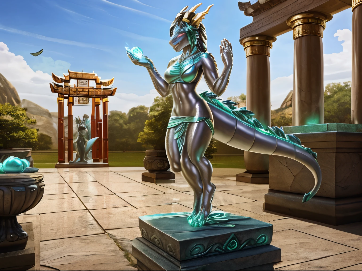 HD, photorealistic, half transformation, college girl stands on empty rectangular stone statue plinth outside of cursed eastern temple, human eastern dragon statue hybridization, partial petrification transformation, petrification curse, glowing magic converting flesh to stone, you panic as you morph into a Chinese dragon while your flesh turns to jade stone