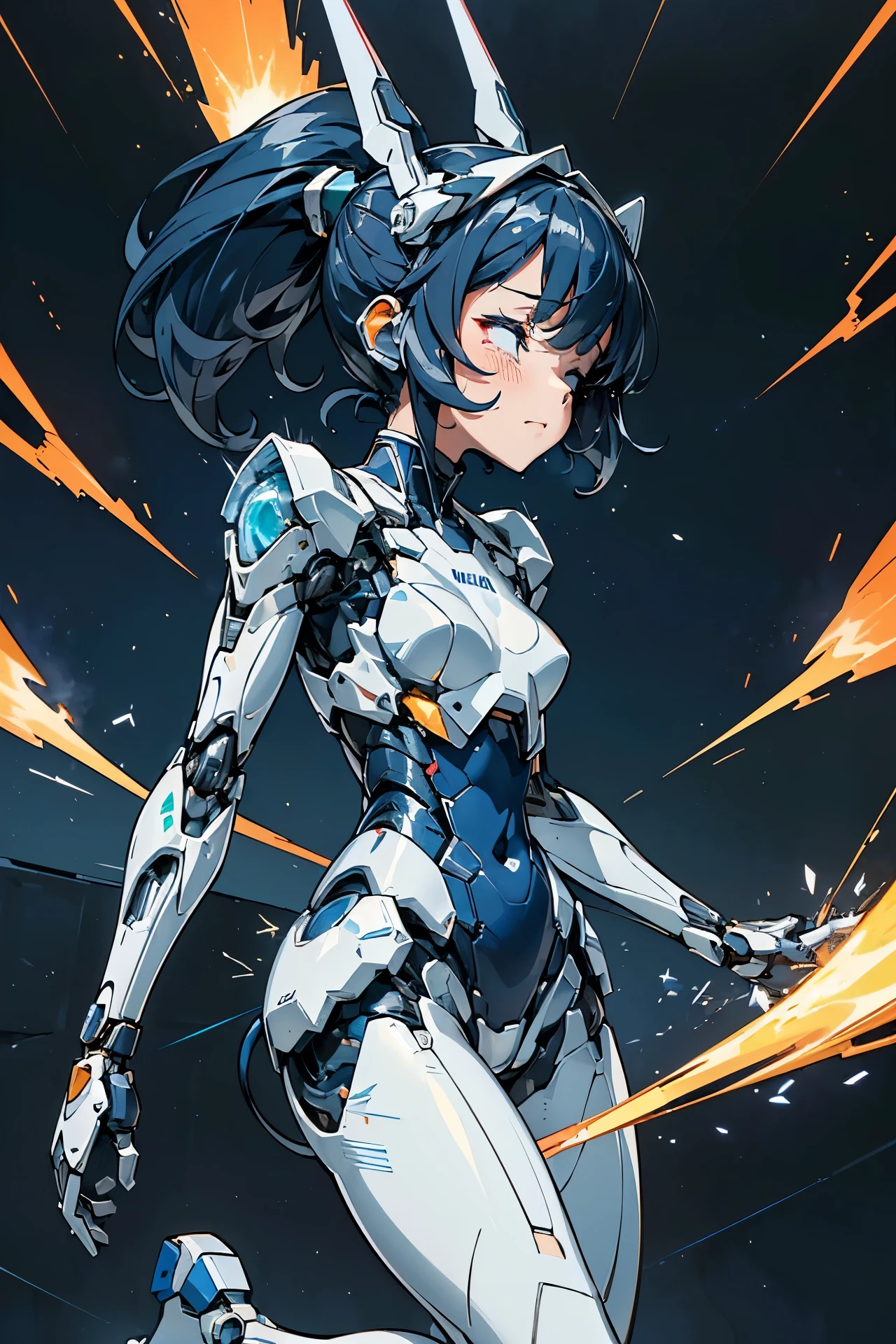 (((masterpiece))), Girl Robot, (li:1.4), (Gamine:1.5), (Streamlined body based on pure white1.4), White and navy see-through pilot suit, White and navy blue see-through tight-fitting clothing, White and navy blue thigh cover pants, White and navy blue shoulder cover clothes, White and navy blue shiny clothes, Navy blue tight-fitting pants that hide the legs, (body disassembled into pieces:1.4), (There are many cracks and scratches on the body and thighs.:1.4), (Machines and cables visible through the gap in the body:1.4), (My body overheated and exploded.:1.4), (My overheated body exploded:1.4), (The overheated body emitted a large amount of sparks and exploded.:1.4), (本My body overheated and exploded.:1.2), (A body completely destroyed:1.5), (The torso exploded、A large amount of sparks come out from the cracks in the torso and from the mouth.:1.4), (Mouth open:1.4), (Both eyes are closed:1.4), (Close both eyes:1.4), (Crying hard:1.4), (Dark blue hair ponytail:1.4), (Get down on both knees:1.4), (Mechanical joints:1.4), (Machine body:1.4), (From Side:1.3), (Looking away:1.3), mecha musume, Mechanical parts, Robot joints, Headgear