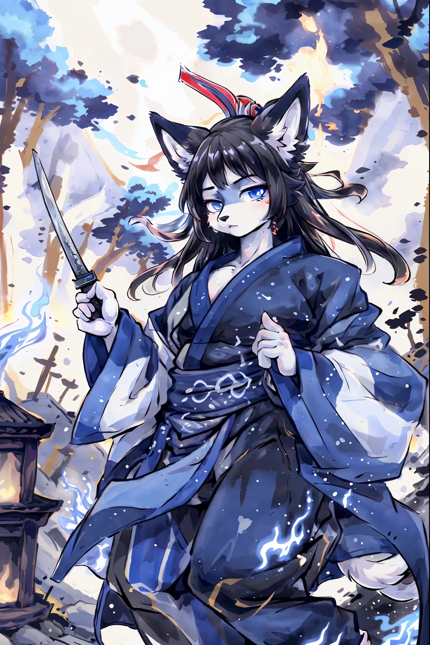 cover page, highres, top quality, best quality, paid reward available, unparalleled masterpiece, perfect artwork, absurdres, High-quality illustrations, super high resolution, detailed background, shuimobysim, perfect anatomy (furry, anthro, kemono, solo focus, Japanese kimono, ninja, samurai, sword with blue flames, battle duels),