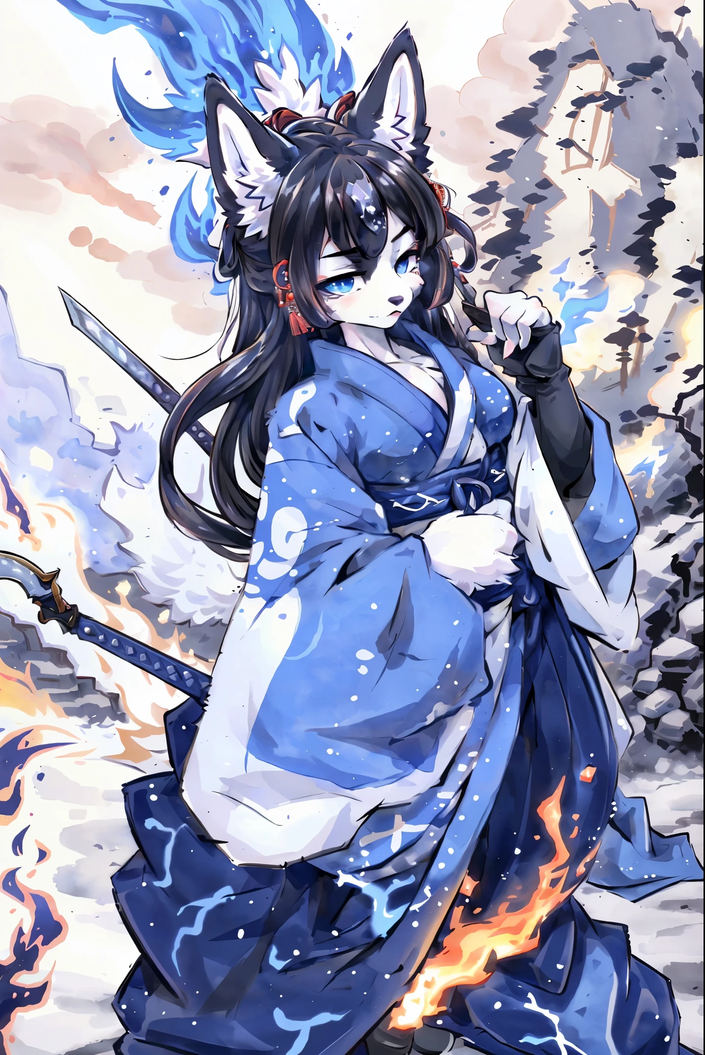 cover page, highres, top quality, best quality, paid reward available, unparalleled masterpiece, perfect artwork, absurdres, High-quality illustrations, super high resolution, detailed background, shuimobysim, perfect anatomy (furry, anthro, kemono, solo focus, Japanese kimono, ninja, samurai, sword with blue flames, battle duels),