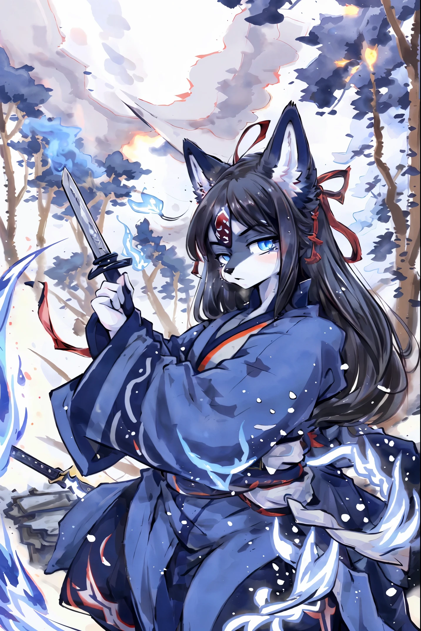 cover page, highres, top quality, best quality, paid reward available, unparalleled masterpiece, perfect artwork, absurdres, High-quality illustrations, super high resolution, detailed background, shuimobysim, perfect anatomy (furry, anthro, kemono, solo focus, Japanese kimono, ninja, samurai, sword with blue flames, battle duels),