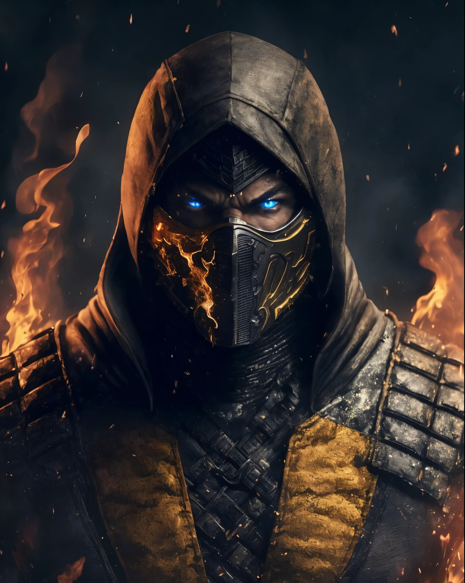 a close up of a person in a fire suit with a hood on, character from mortal kombat, scorpion from mortal kombat, mortal kombat 11, in mortal kombat, hq 4k wallpaper, mk ninja, mortal kombat, 4k post, 4 k post, style of mortal kombat, wallpaper 4 k, wallpaper 4k, 8k hq, 4k wallpaper
