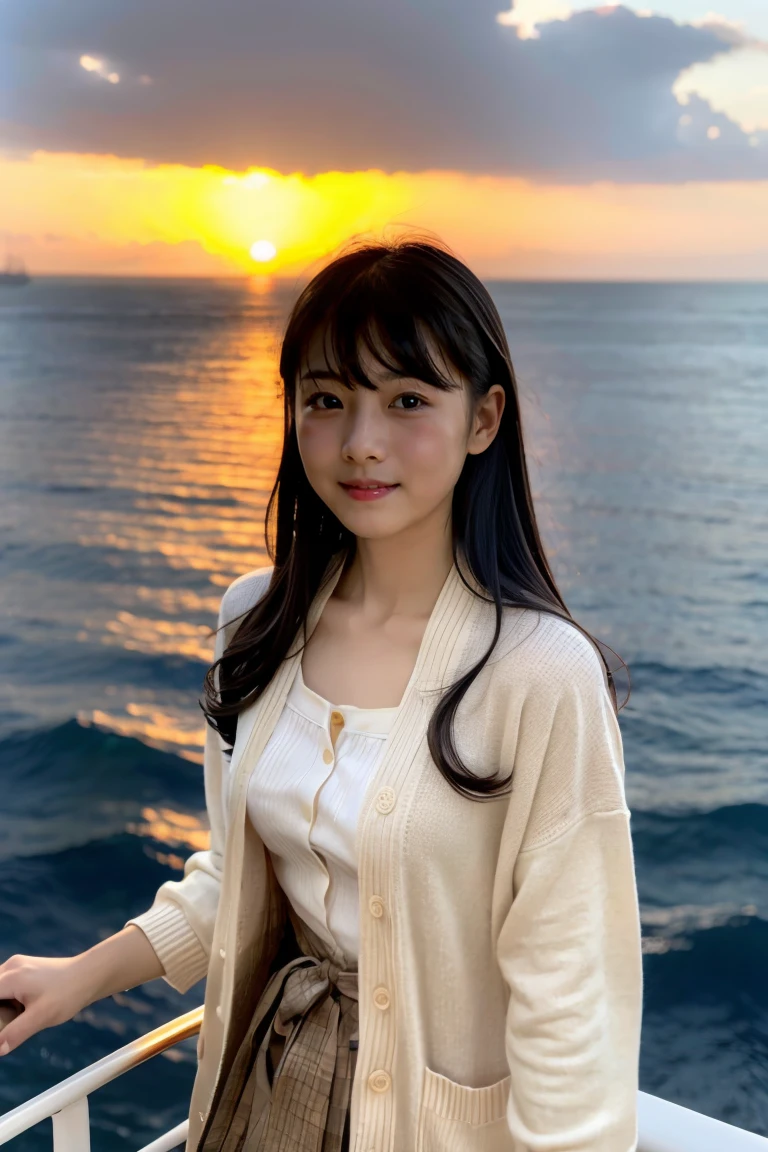 Beautiful girl wearing a summer dress、thin summer cardigan、12year old、japanes、Sunset sea from the ship deck、No bulge in the chest、Wheat-colored The skin、heavy wind、A dark-haired、Luxury liner、少し日焼けしたThe skin、Black、the setting sun、smil、