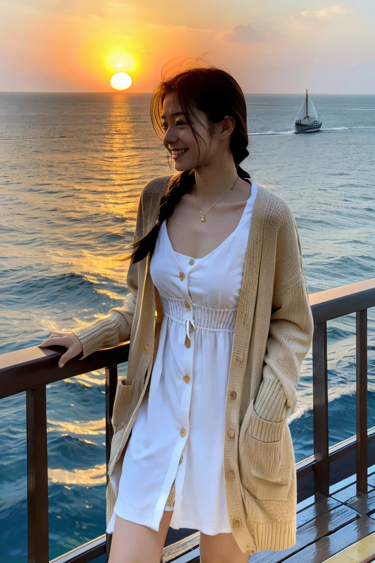 Beautiful girl wearing a summer dress、thin summer cardigan、14years、japanes、Sunset sea from the ship deck、No bulge in the chest、Wheat-colored The skin、heavy wind、A dark-haired、Luxury liner、少し日焼けしたThe skin、Black、the setting sun、smil、