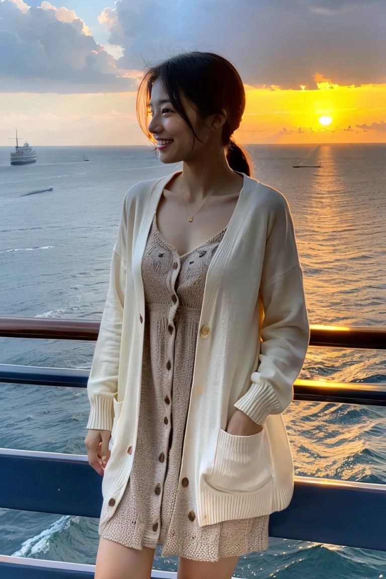 Beautiful girl wearing a summer dress、thin summer cardigan、14years、japanes、Sunset sea from the ship deck、No bulge in the chest、Wheat-colored　The skin、heavy wind、A dark-haired、Luxury liner、少し日焼けしたThe skin、Black、the setting sun、smil、