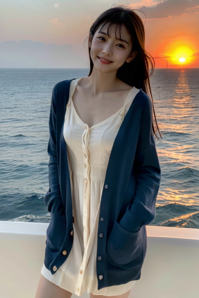 Beautiful girl wearing a summer dress、thin summer cardigan、years、japanes、Sunset sea from the ship deck、No bulge in the chest、Wheat-colored The skin、heavy wind、A dark-haired、Luxury liner、少し日焼けしたThe skin、Black、the setting sun、smil、