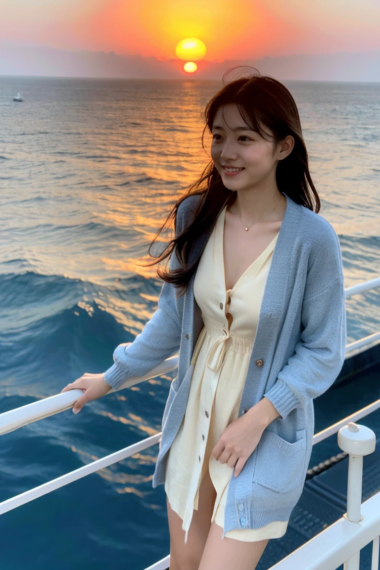 Beautiful girl wearing a summer dress、thin summer cardigan、years、japanes、Sunset sea from the ship deck、No bulge in the chest、Wheat-colored　The skin、heavy wind、A dark-haired、Luxury liner、少し日焼けしたThe skin、Black、the setting sun、smil、