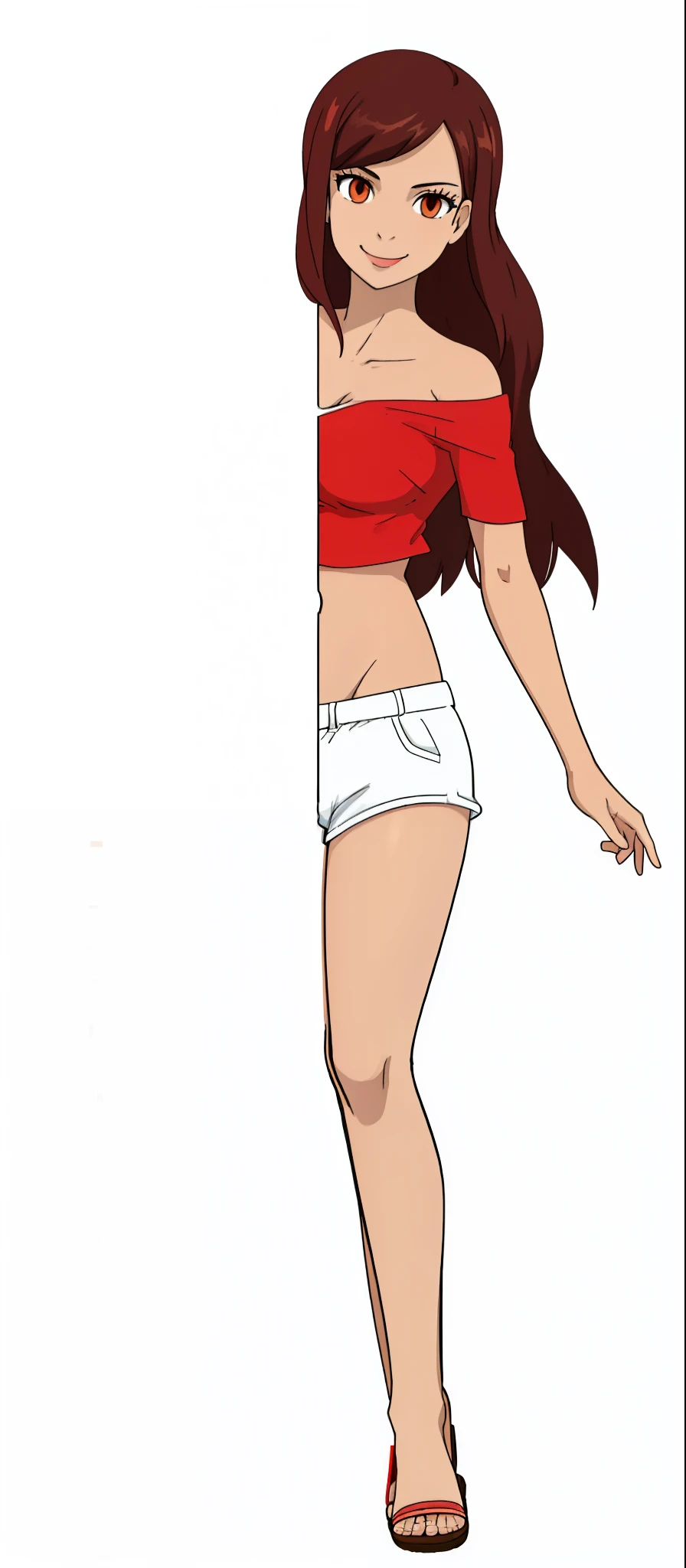 cartoon girl in red top and white shorts holding a skateboard, top half of body, distant full body view, half body cropping, zoomed out full body, full body portrait of a short!, hands behind her body pose!, wearing white demin shorts, full body close-up shot, full body profile pose, white background : 3, half body, orange eyes, tan brown skin, brown wavy hair, smile, red crop top, sandals, medium breasts