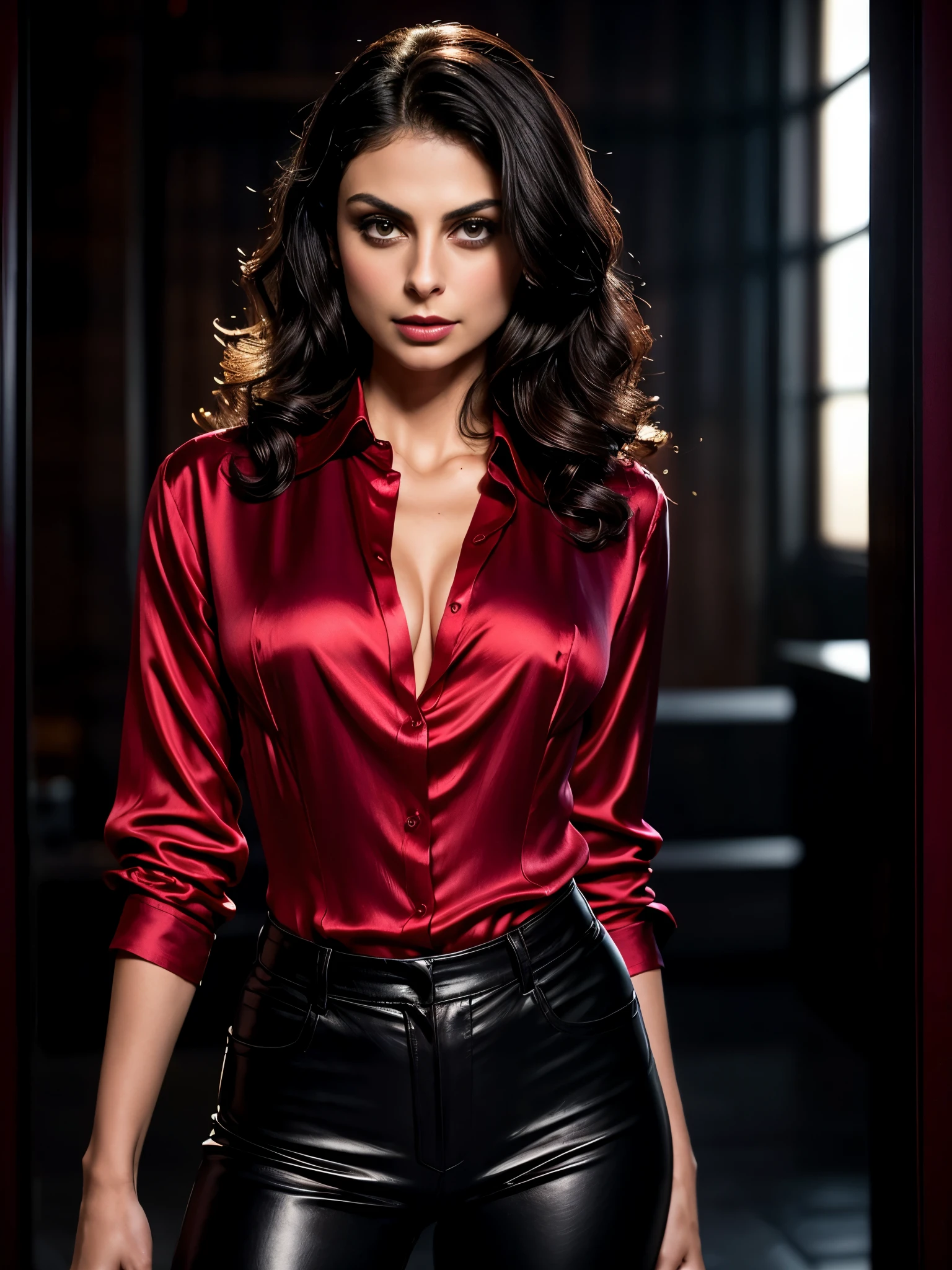 Morena Baccarin, long curly hair, gorgeous eyes, high arched eyebrows, seductive look, (crimson low-cut silk shirt:1.3), black leather pants, stilettos, midnight modern metropolis, spot lighting, backlight on hair, shallow depth of field, bokeh, sexy