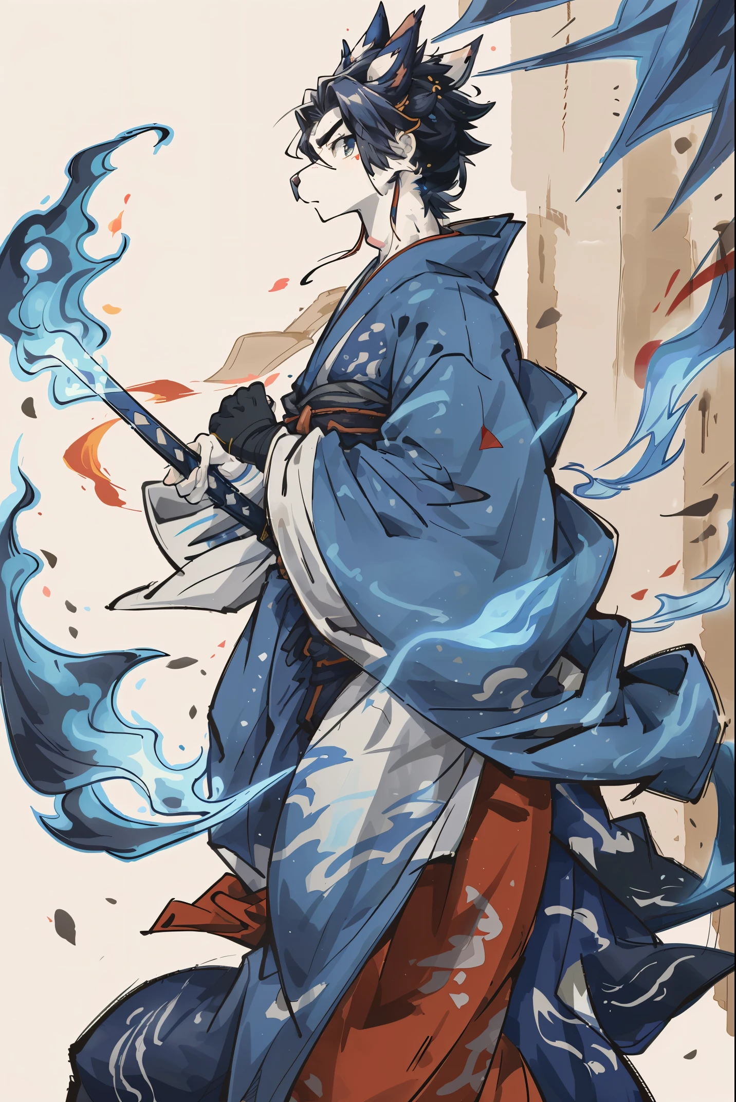 cover page, highres, top quality, best quality, paid reward available, unparalleled masterpiece, perfect artwork, absurdres, High-quality illustrations, super high resolution, detailed background, shuimobysim, perfect anatomy (furry, anthro, kemono, solo focus, Japanese kimono, ninja, samurai, sword with blue flames, battle duels),