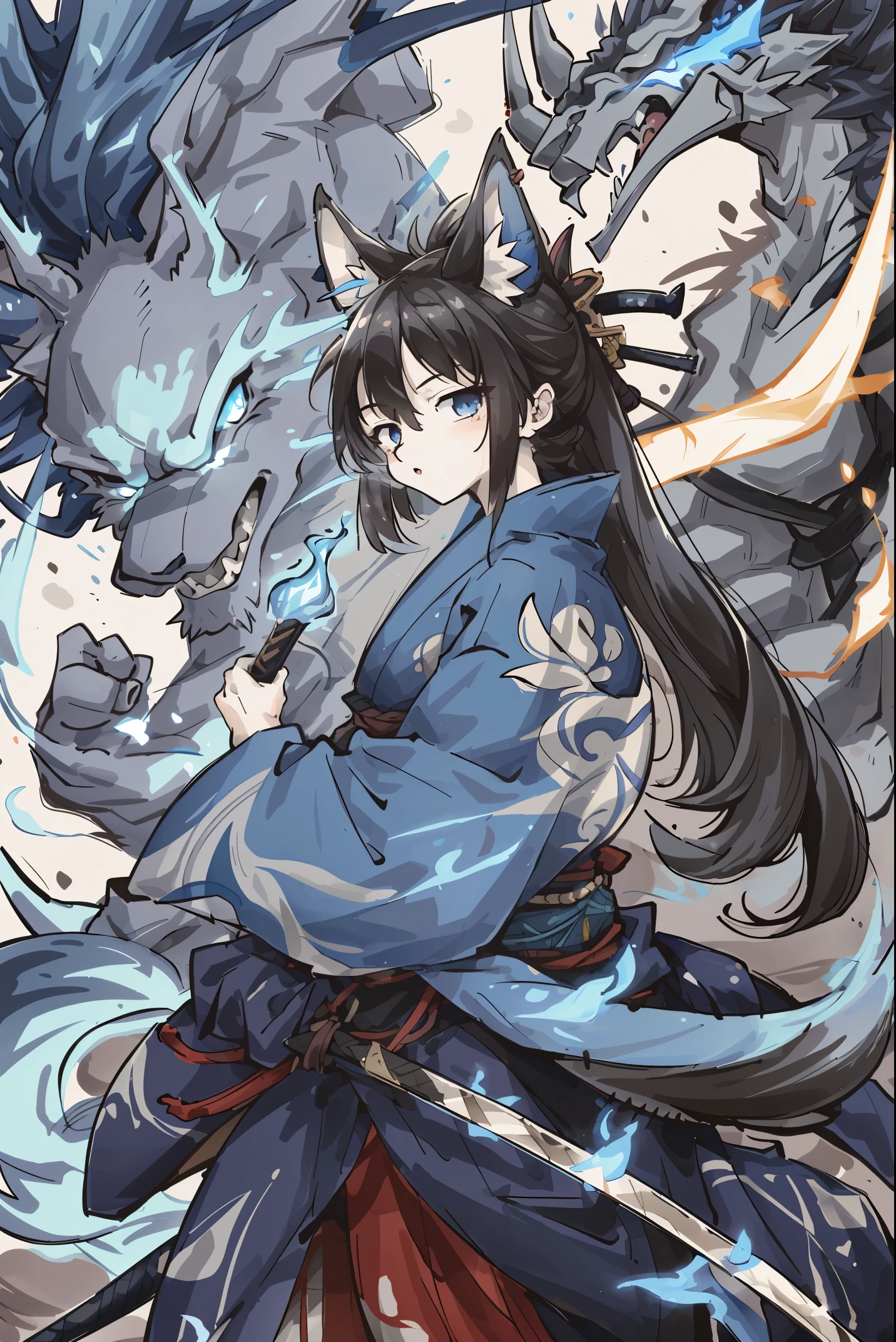 cover page, highres, top quality, best quality, paid reward available, unparalleled masterpiece, perfect artwork, absurdres, High-quality illustrations, super high resolution, detailed background, shuimobysim, perfect anatomy (furry, anthro, kemono, solo focus, Japanese kimono, ninja, samurai, sword with blue flames, battle duels),
