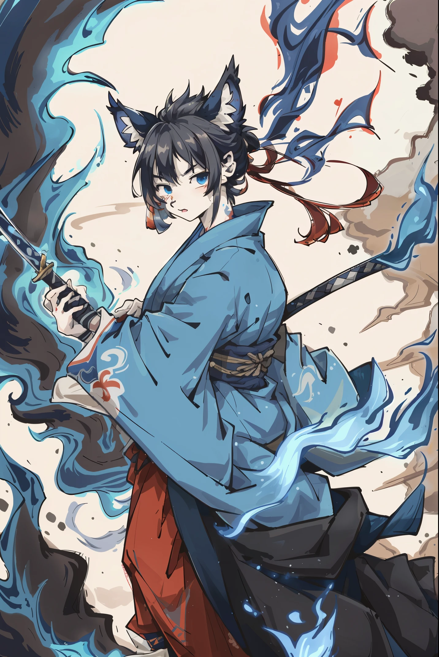 cover page, highres, top quality, best quality, paid reward available, unparalleled masterpiece, perfect artwork, absurdres, High-quality illustrations, super high resolution, detailed background, shuimobysim, perfect anatomy (furry, anthro, kemono, solo focus, Japanese kimono, ninja, samurai, sword with blue flames, battle duels),