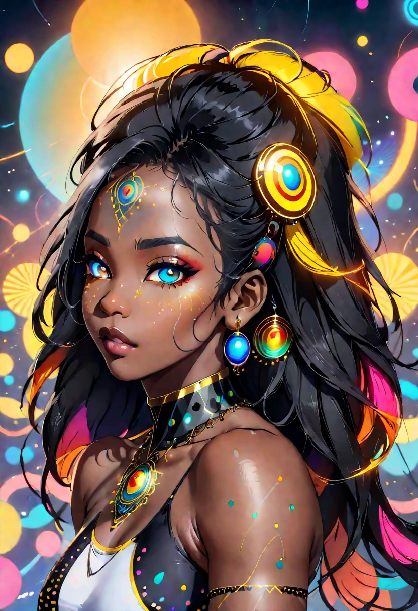 reis negros com simetria de correntes de ouro, um rei negro com correntes de ouro e olhando apenas para frente, brilho, preto e branco, fundo branco, linha fina de tinta estilizada, vetor, desenho de tatuagem, young black woman with bright african hair pattern, High quality ultra wide exposure photography, muito detalhada, neon dots of a beautiful colorful silhouette, bela silhueta, electronic devices like a very light gray PC in the background, de , muito detalhado,
