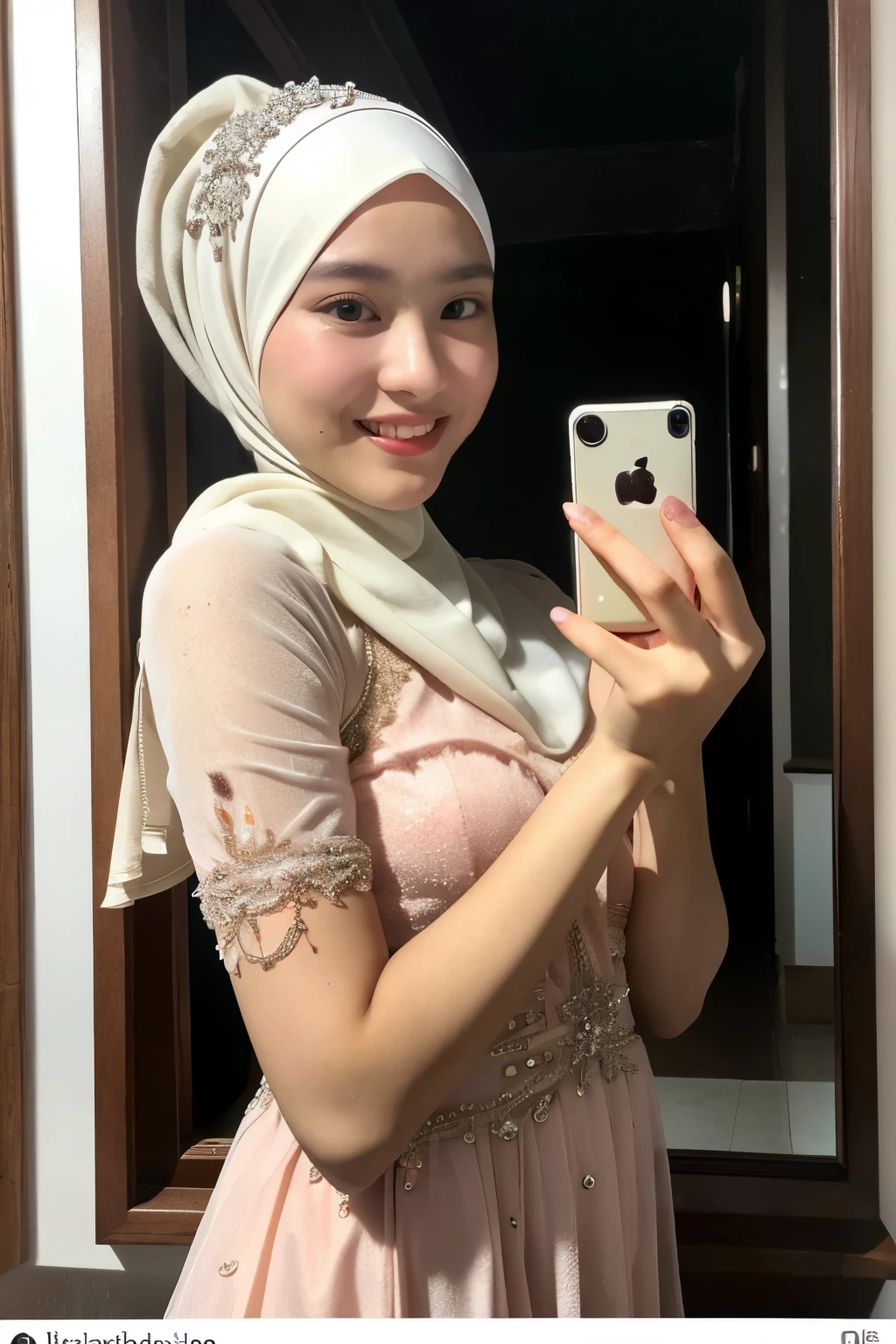 ((Perfect form)), ((Perfect photo)), ((Ekstreme detiled)), ((best quality)), ((masterpiece)), (detailed), perfect face
Smile of young indonesian wearing full of hijab dress woman and wearing kebaya indonesia traditional costume, with minus lens spectacle, in the darken room taking a selfie in front of a mirror with "iphone 15" with blitz light phone, a picture by Lü Ji, instagram contest winner, aestheticism, aesthetic, feminine, clean with dusty and water spore in the mirror