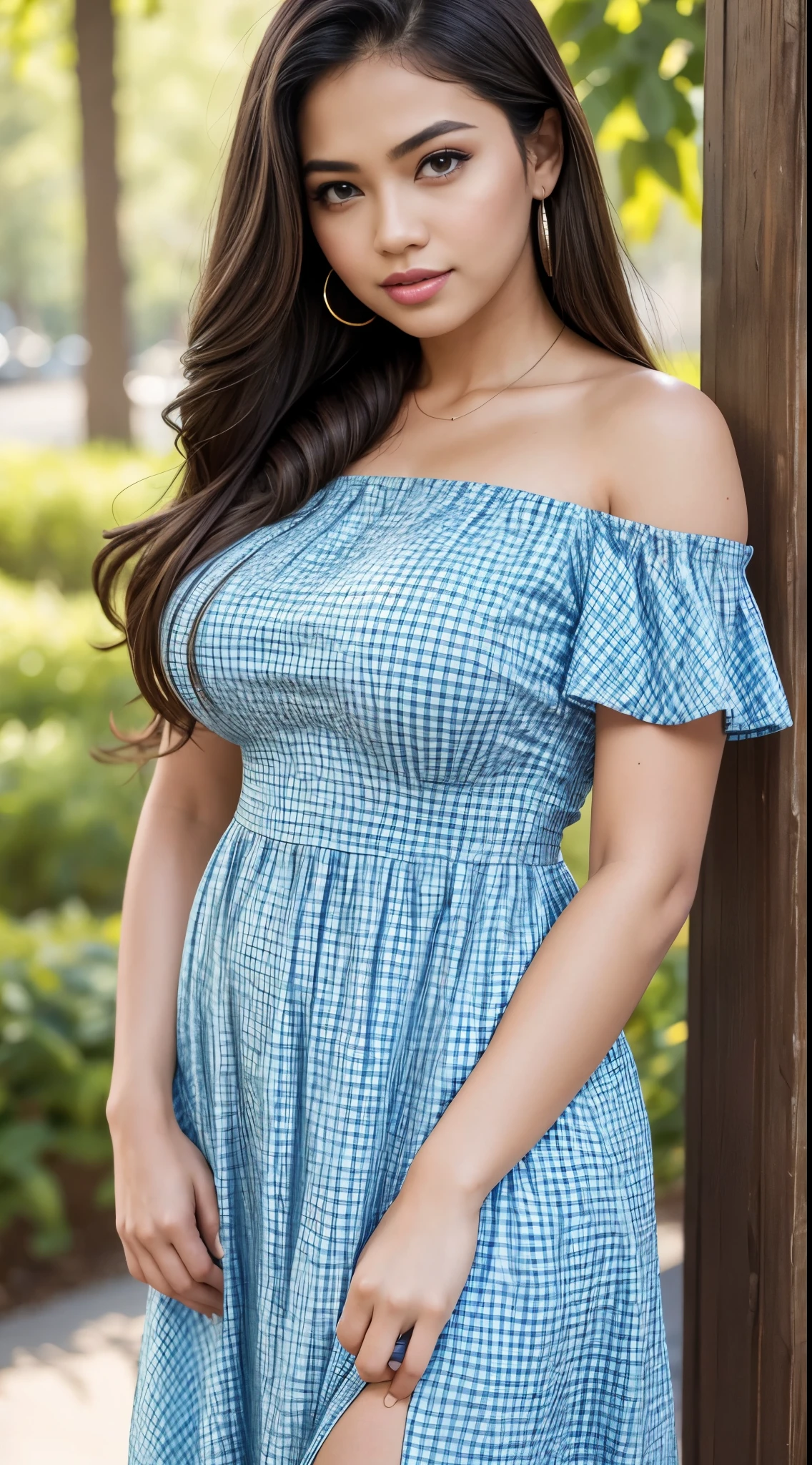 RAW, Best quality, high resolution, masterpiece: 1.3), Beautiful Malay woman , Masterpiece, perfect fit body, Big breasts, beautiful big eyes, Soft smile,RAW, Best quality, high resolution, masterpiece: 1.3), beautiful Malay woman ,Masterpiece, perfect fit body, big breast, big orgeous eyes, Soft smile, beutifull face,thick thighs,long hair,brown hair, woman in blue Off-the-Shoulder posing for a picture, frock, blue dress, vintage dress, cute dress, dress, dress, cute checkerboard sundress, romantic dress, summer dress, stylish dress, short sleeves, dress and cloth, 5 0 s style, 50s style, feminine girly dress, long dress female , Great lighting, Bright colors, Clean lines