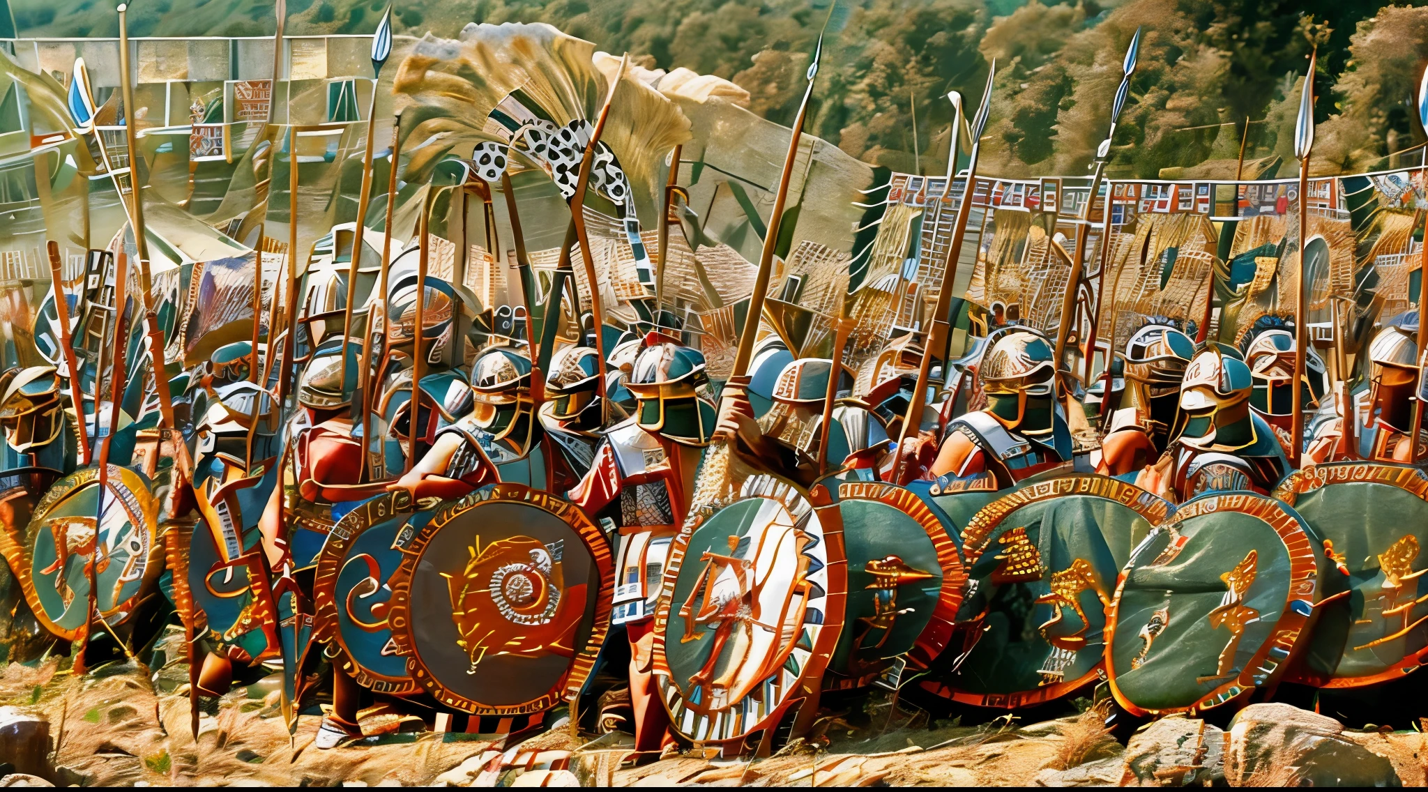 photography of a group of soldiers wearing linothorax armor and feathered helmet and greaves and sandals, standing on a hill, dry, summer, mediterranean landscape, holding shield, holding spear, with shields and spears, leading spartans into battle, fall of rome, trojan war, in battle, sneering roman legioneer, epic battlescene, beware the ides of march, ancient battlefield, 4 0 0 , the fall of rome, huge armies, by Artur Tarnowski, aftermath of a huge battle